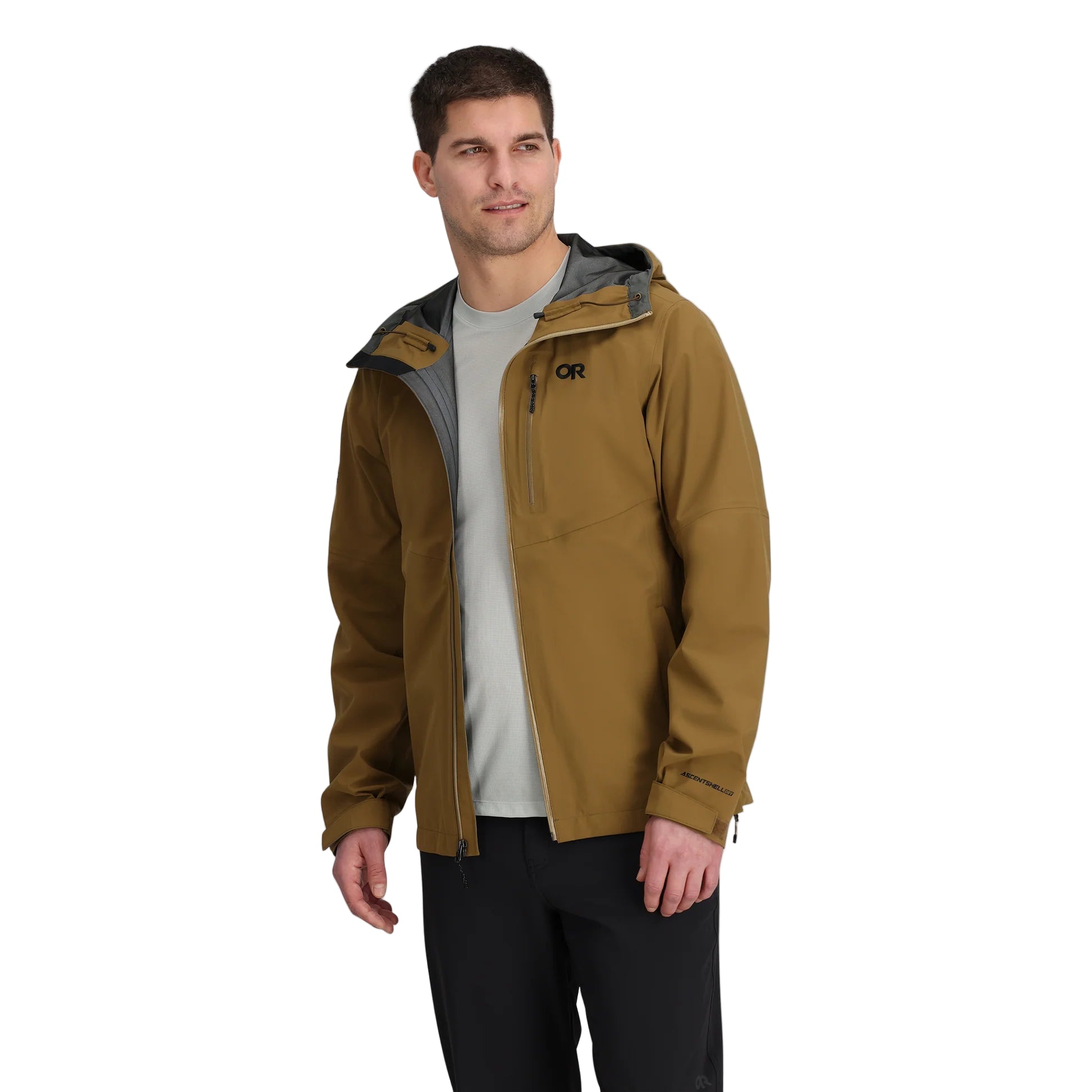 Outdoor Research Foray 3L Rain Jacket in Coyote shown worn unzipped on model | Lightweight waterproof breathable hiking shell with TorsoFlo venting recycled nylon and AscentShell Dry technology — best sustainable tactical rain jacket for climbing trekking and field use