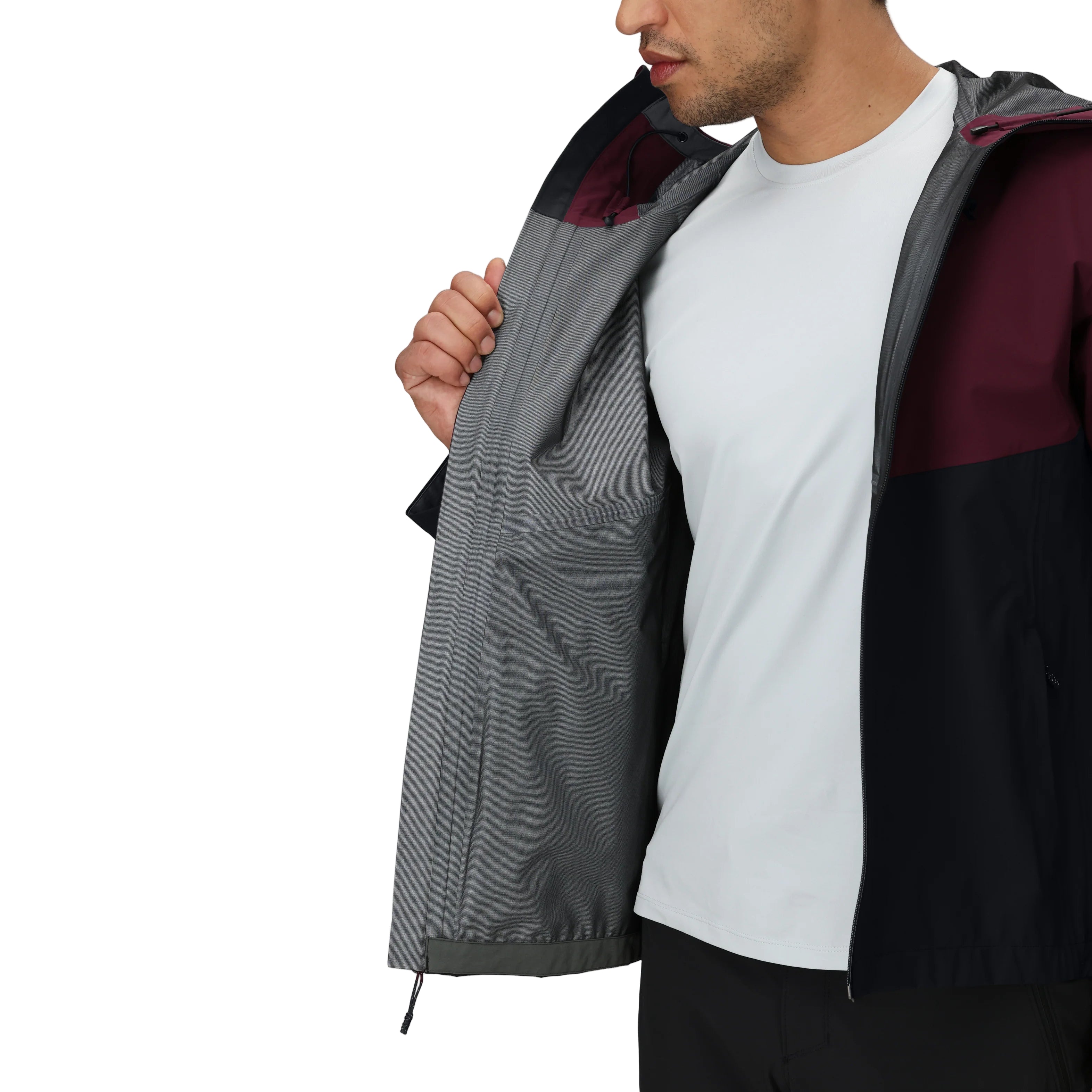 Outdoor Research Foray 3L Rain Jacket interior detail showing contrasting lining color for added visibility and easy gear management | Lightweight breathable 3 layer waterproof hiking shell with AscentShell Dry membrane TorsoFlo side vents and recycled nylon — best rain jacket with visible inner lining for trekking climbing and outdoor adventures