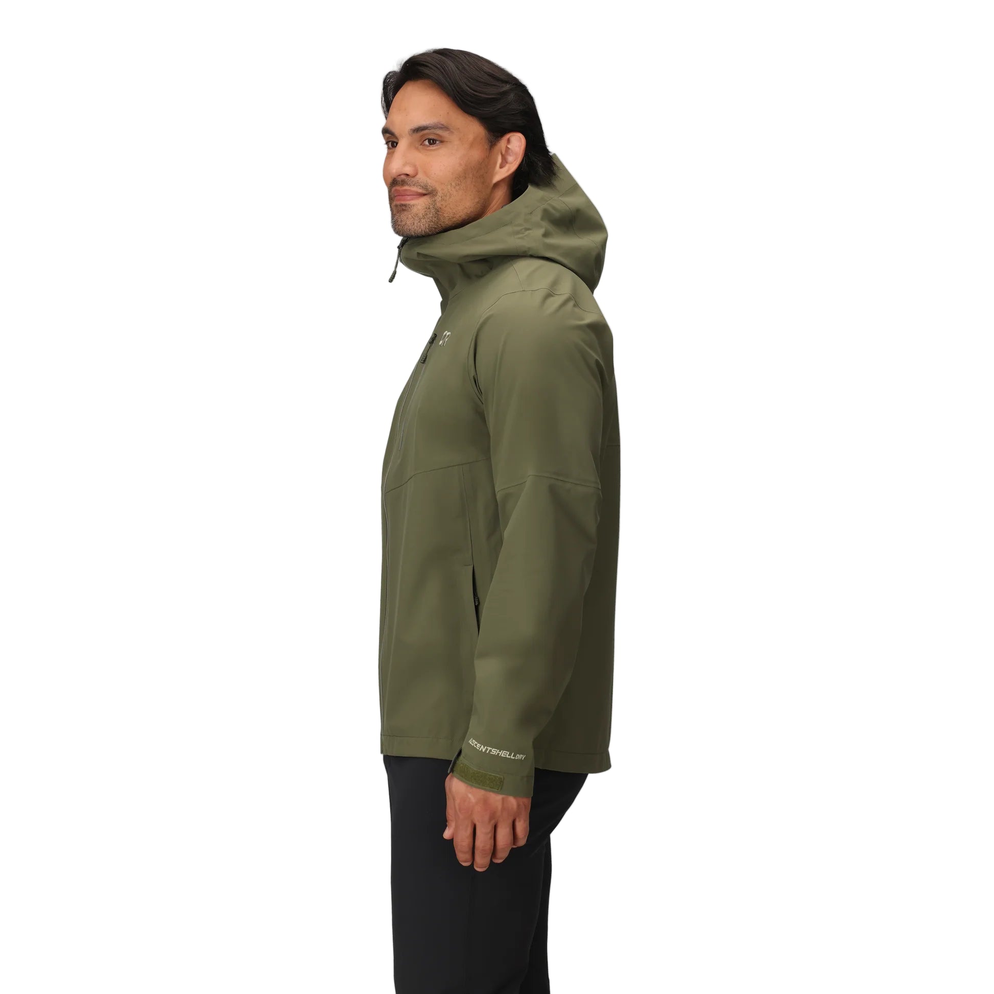Outdoor Research Foray 3L Rain Jacket in Ranger Green 3/4 side view on model | Breathable waterproof tactical rain shell with AscentShell Dry membrane TorsoFlo side vents and sustainable recycled nylon — best waterproof jacket for hiking mountaineering and field missions