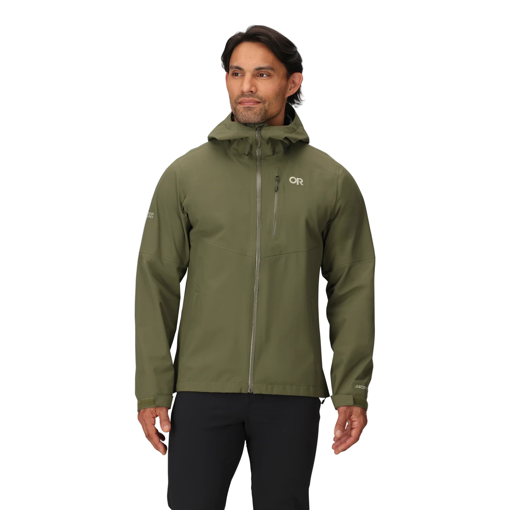 Outdoor Research Foray 3L Rain Jacket in Ranger Green front view on model | Lightweight breathable 3 layer rain jacket with AscentShell Dry technology and TorsoFlo venting — best outdoor waterproof hiking jacket with tactical design for backpacking and field use