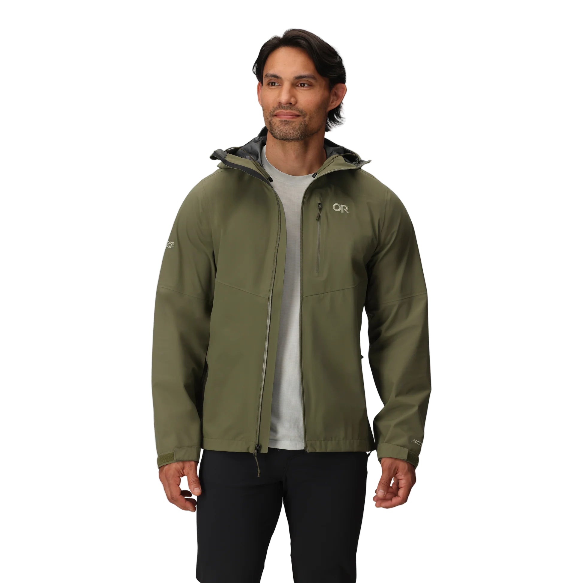 Outdoor Research Foray 3L Rain Jacket in Ranger Green shown unzipped on model | Lightweight tactical rain jacket with recycled nylon AscentShell Dry technology and TorsoFlo ventilation — best waterproof jacket for hiking backpacking and wet weather patrols