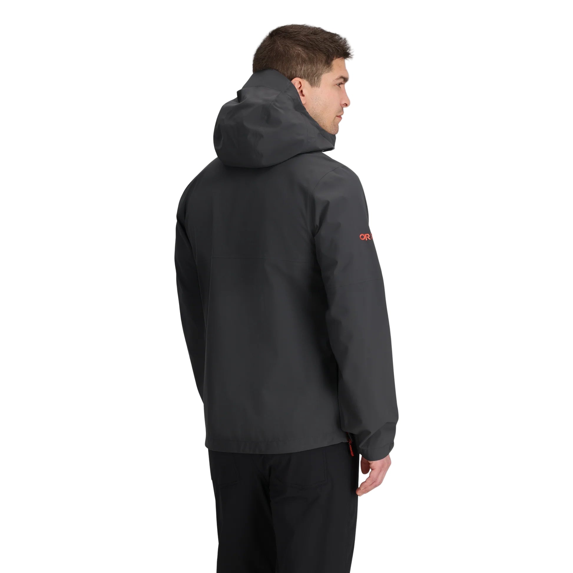Outdoor Research Foray 3L Rain Jacket in Storm charcoal back view on model | 3 layer waterproof rain jacket with sustainable recycled nylon construction and Nikwax Direct Dry finish — best outdoor waterproof shell for hiking travel and wet weather commuting