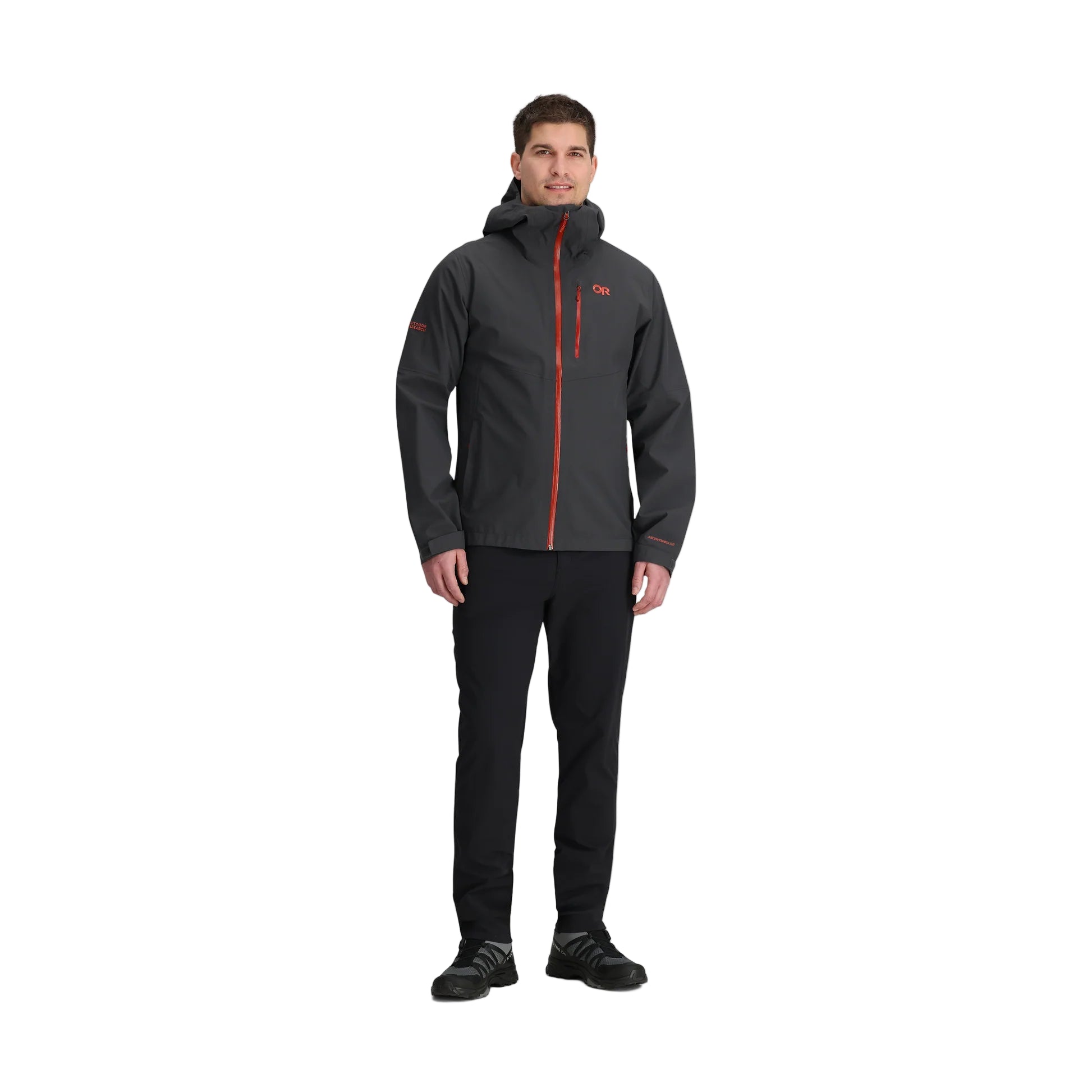 Outdoor Research Foray 3L Rain Jacket in Storm charcoal full body shot on model | 3 layer waterproof breathable shell with red zipper accents recycled nylon and AscentShell Dry membrane — best lightweight sustainable rain jacket for hiking mountaineering and everyday wet weather