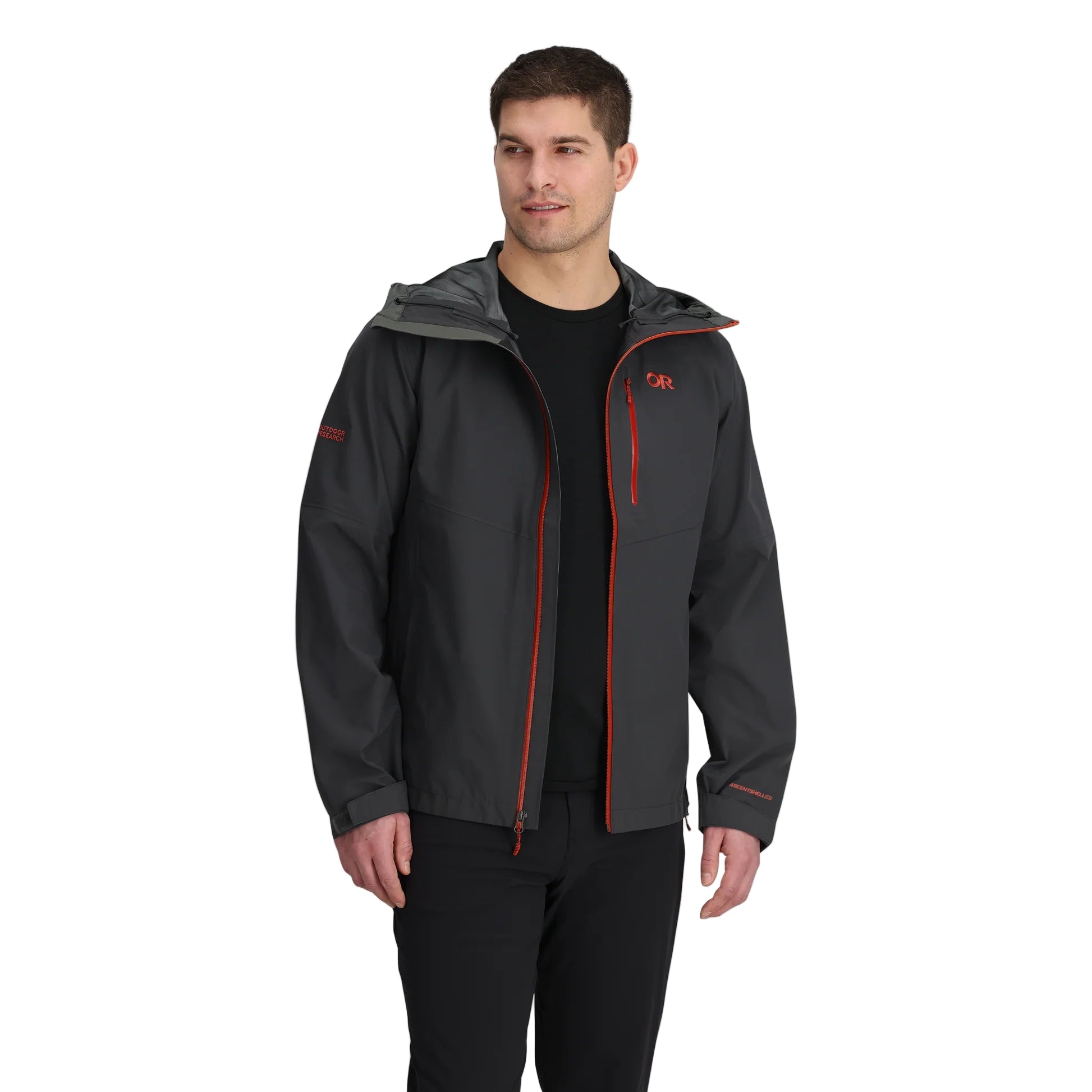 Outdoor Research Foray 3L Rain Jacket in Storm charcoal shown unzipped on model with red zipper detail | Lightweight breathable waterproof shell with recycled nylon AscentShell Dry technology and TorsoFlo venting — best versatile rain jacket for trekking climbing and travel