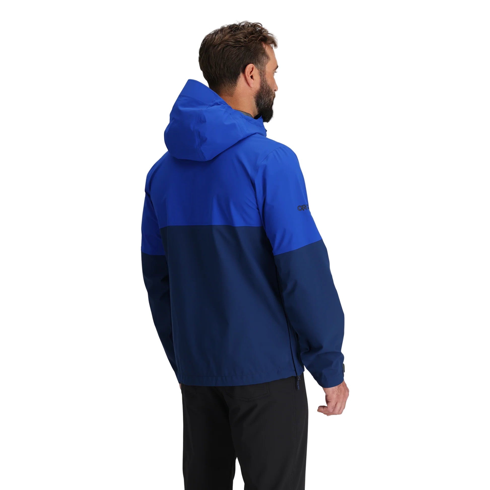 Outdoor Research Foray 3L Rain Jacket in Topaz Cenote navy and royal blue back view on model | Durable waterproof breathable hiking shell made from recycled nylon with Nikwax Direct Dry finish — best outdoor rain jacket for backpacking climbing and wet weather travel