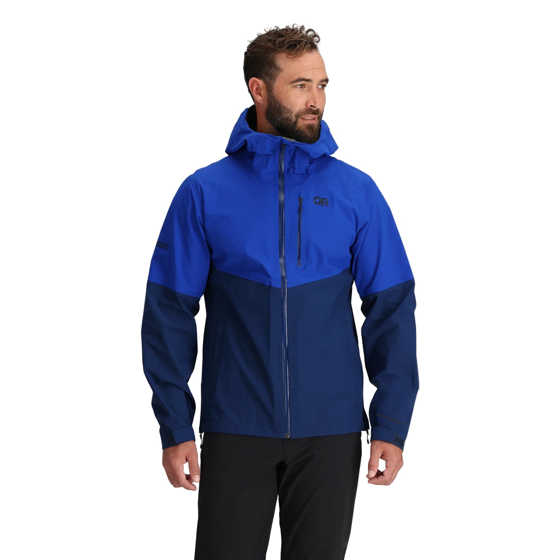 Outdoor Research Foray 3L Rain Jacket in Topaz Cenote navy and bright blue front view on model | Breathable waterproof 3 layer hiking shell with AscentShell Dry technology and TorsoFlo venting — best lightweight rain jacket for trekking climbing and outdoor use