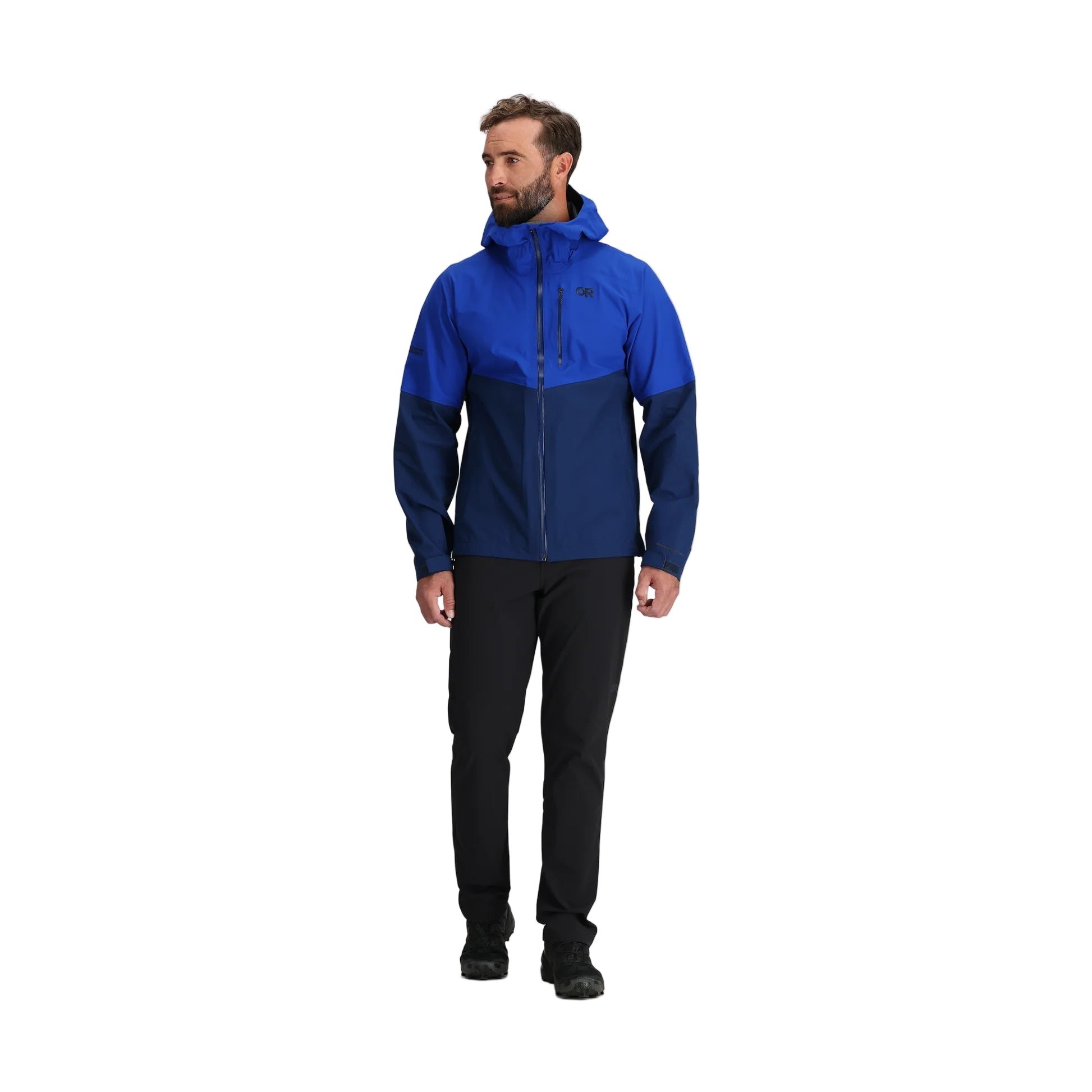Outdoor Research Foray 3L Rain Jacket in Topaz Cenote navy and bright blue full body shot on model | 3 layer waterproof breathable hiking shell with recycled nylon AscentShell Dry membrane and TorsoFlo venting — best lightweight colorblock rain jacket for hiking outdoor adventures and travel