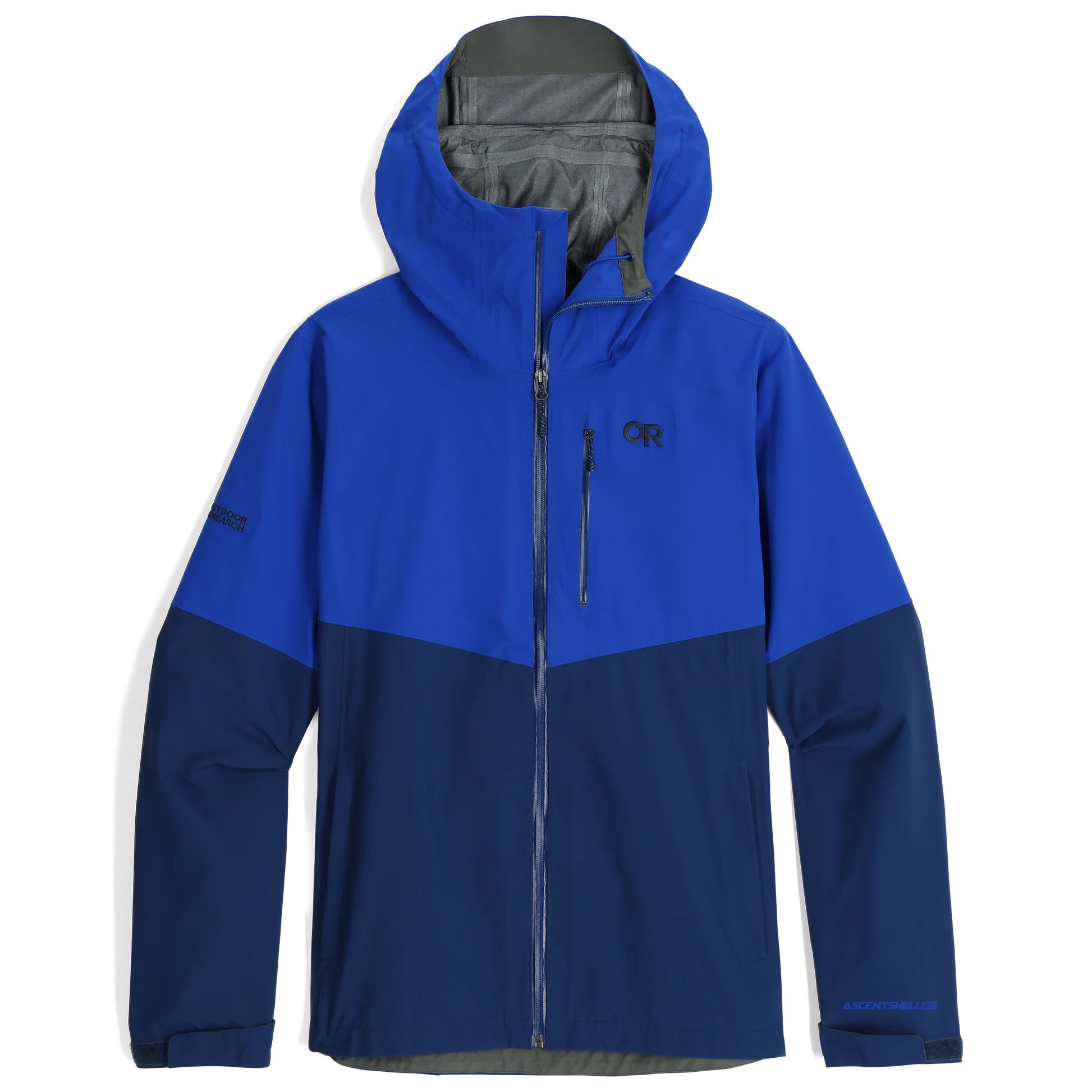 Outdoor Research Foray 3L Rain Jacket in Topaz Cenote two-tone navy and bright royal blue product shot | Lightweight 3 layer waterproof breathable rain shell with AscentShell Dry membrane TorsoFlo side vents and recycled nylon — best colorblock blue rain jacket for hiking and travel