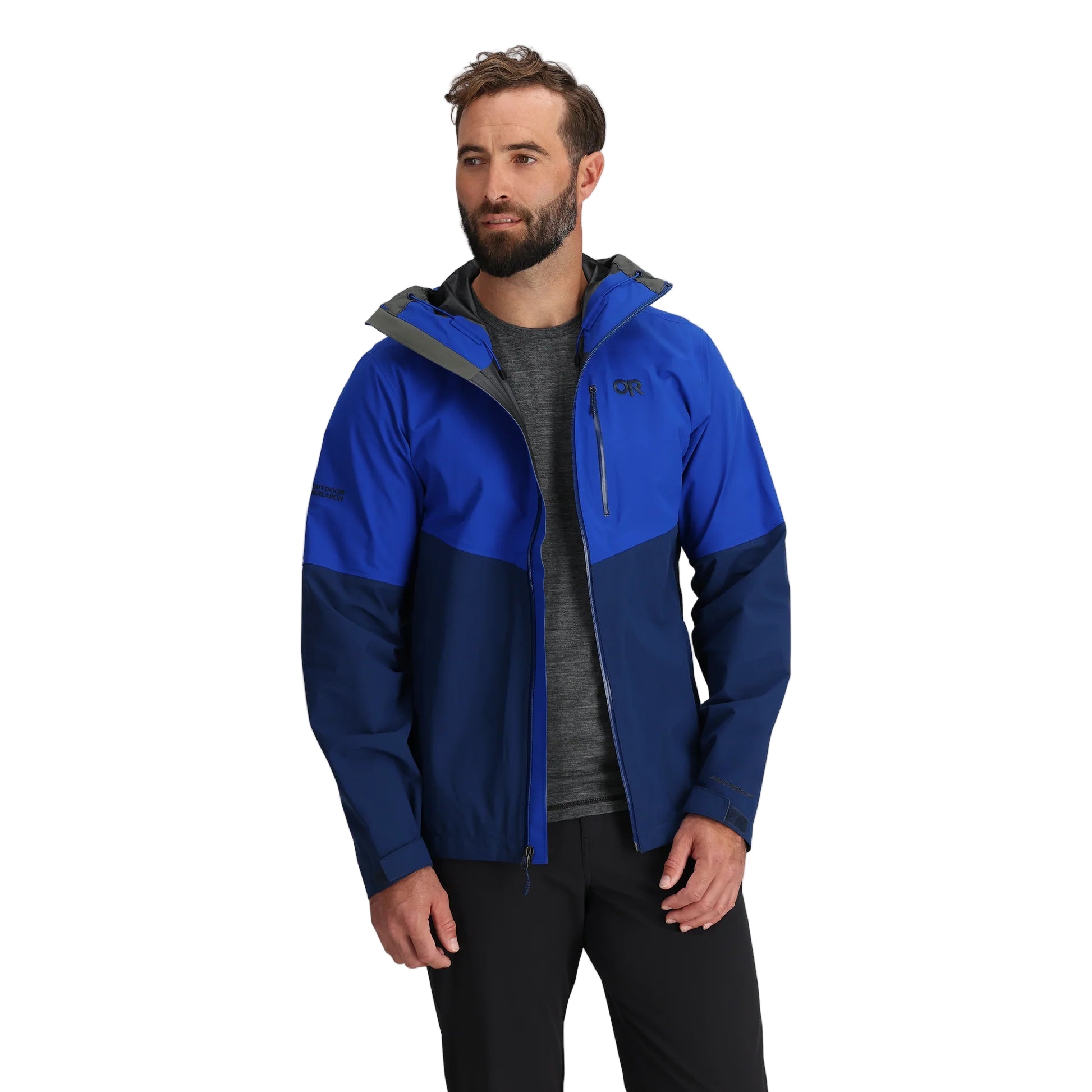 Outdoor Research Foray 3L Rain Jacket in Topaz Cenote navy and royal blue shown unzipped on model | Lightweight waterproof breathable rain jacket with AscentShell Dry technology TorsoFlo side venting and recycled nylon — best versatile blue hiking jacket for trekking climbing and everyday rain protection