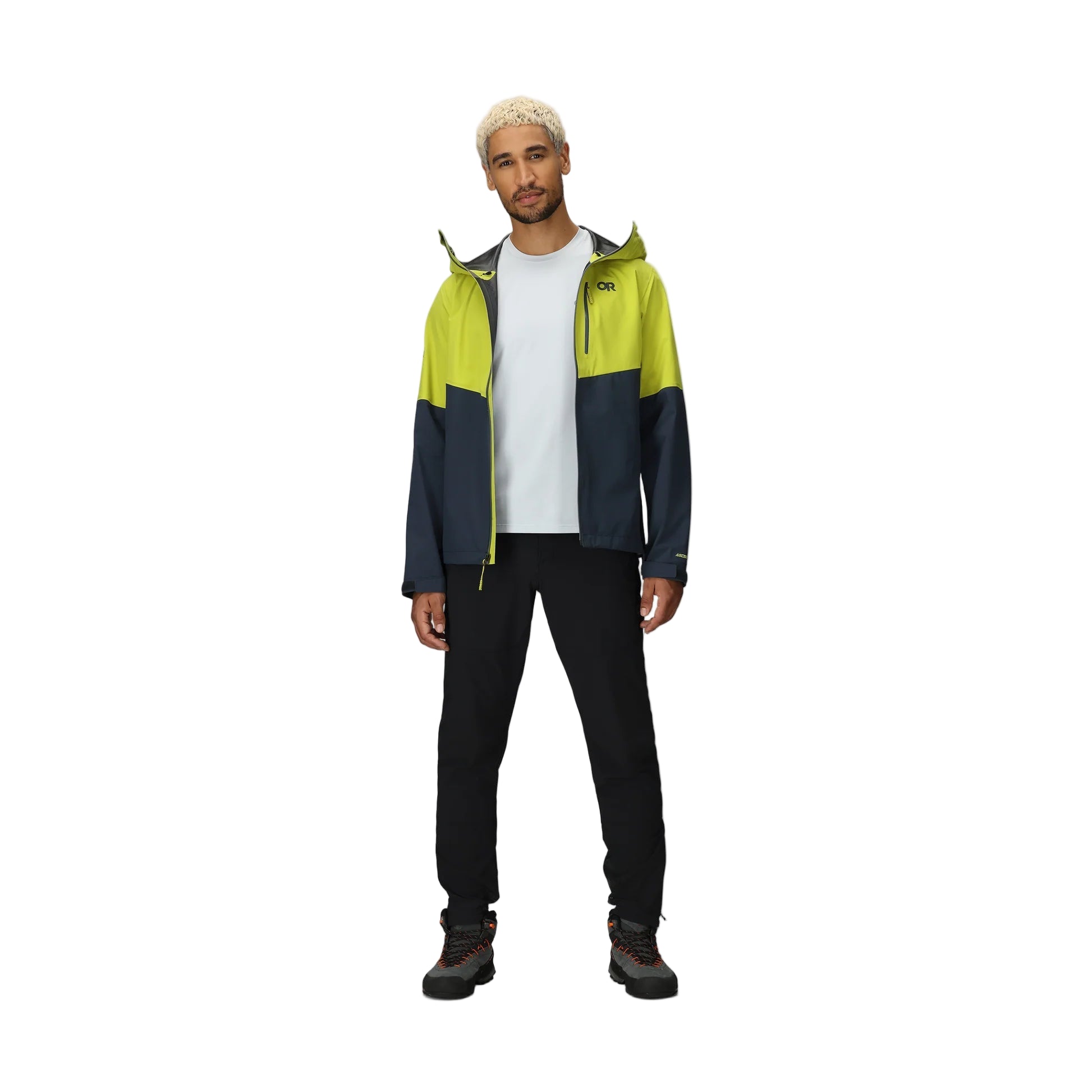 Outdoor Research Foray 3L Rain Jacket in Viper Atlantic navy and bright yellow full body shot on model | 3 layer waterproof breathable rain shell with recycled nylon AscentShell Dry membrane and TorsoFlo side vents — best lightweight hiking rain jacket for outdoor use wet weather and travel