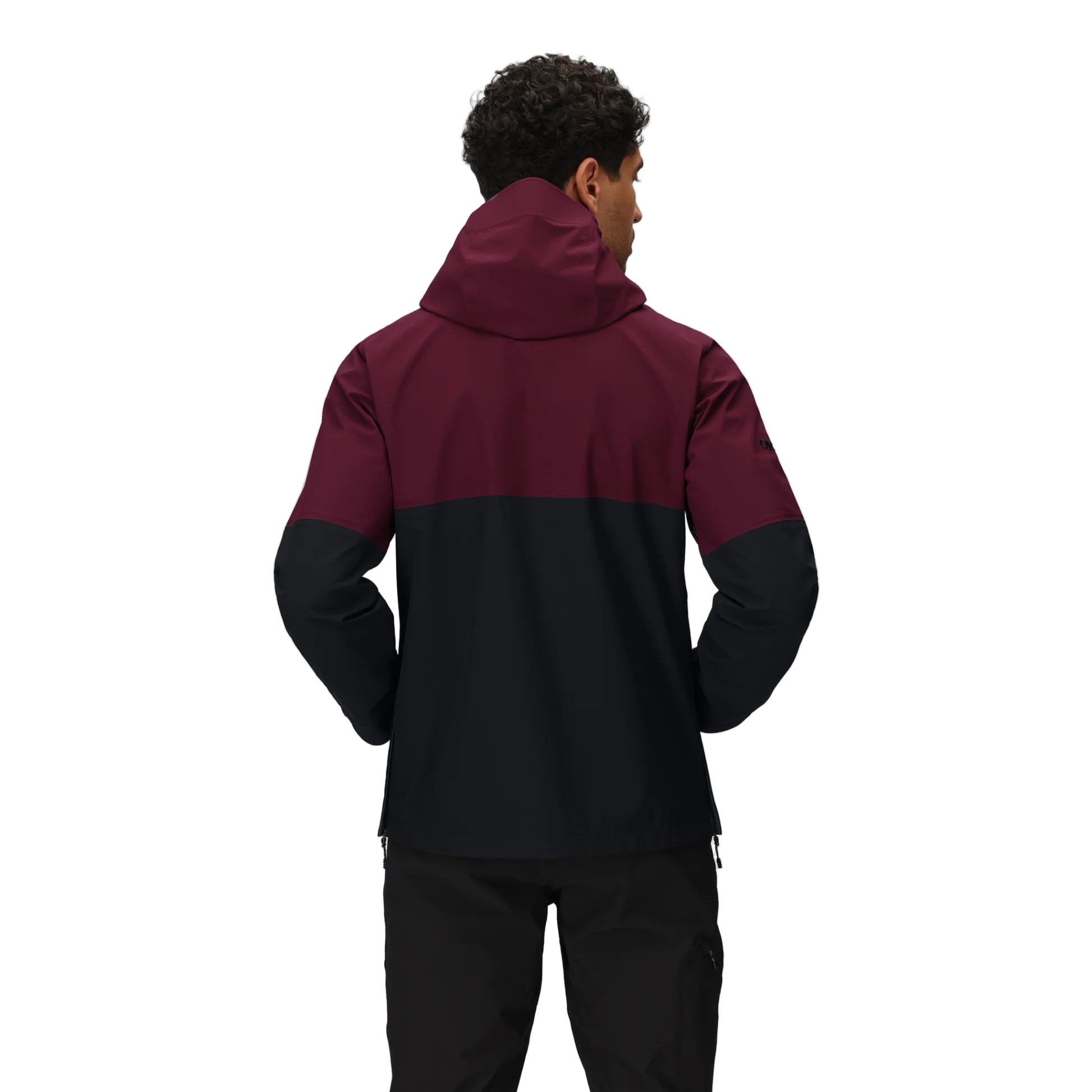 Outdoor Research Foray 3L Rain Jacket in Winterberry maroon and Black colorblock back view on model | 3 layer waterproof breathable outdoor shell with sustainable recycled nylon and Nikwax Direct Dry finish — best rain jacket for hiking tactical operators and everyday wet weather wear