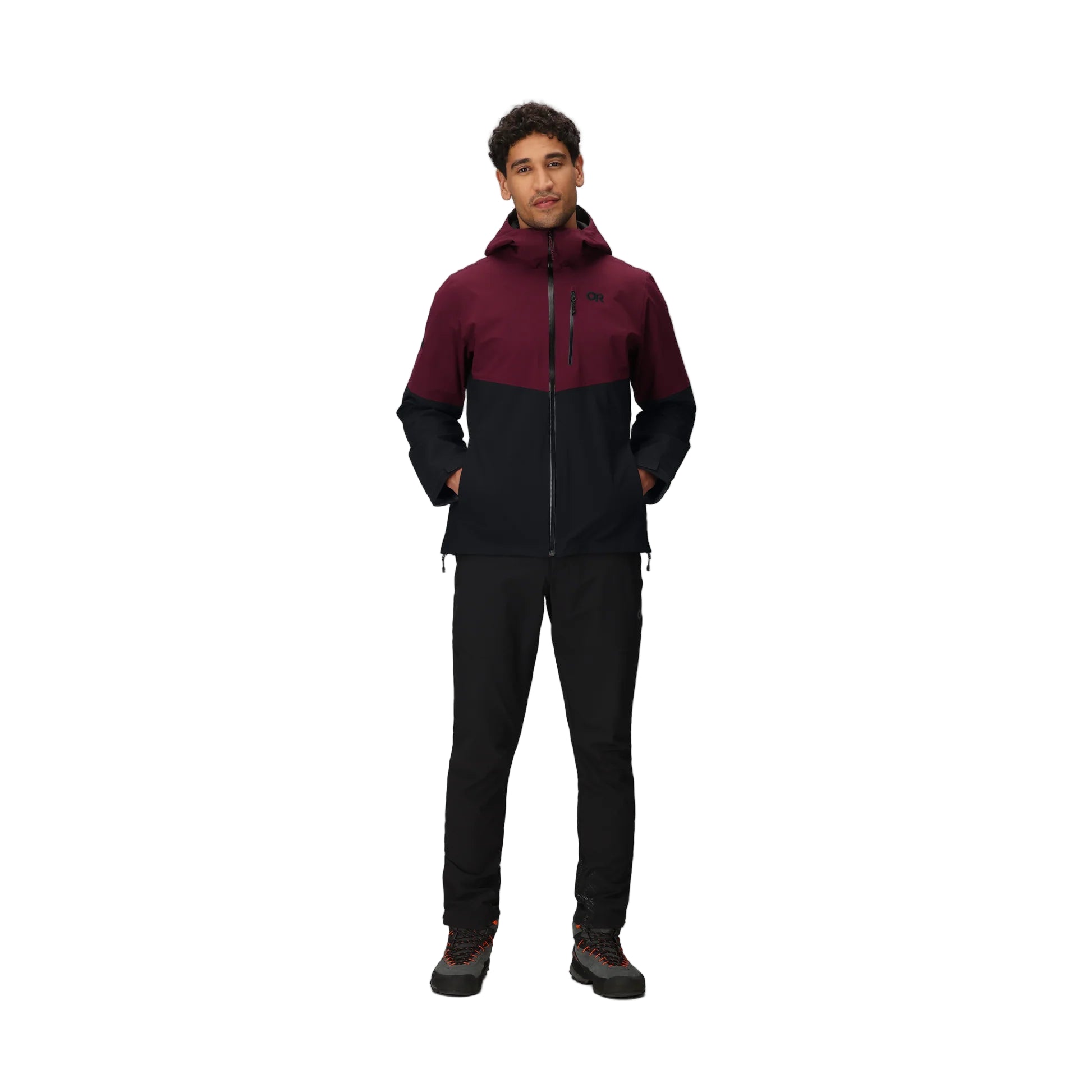 Outdoor Research Foray 3L Rain Jacket in Winterberry maroon and Black colorblock full body shot on model | 3 layer waterproof breathable hiking shell with AscentShell Dry membrane TorsoFlo ventilation and recycled nylon — best maroon and black colorblock rain jacket for trekking outdoor use and wet weather