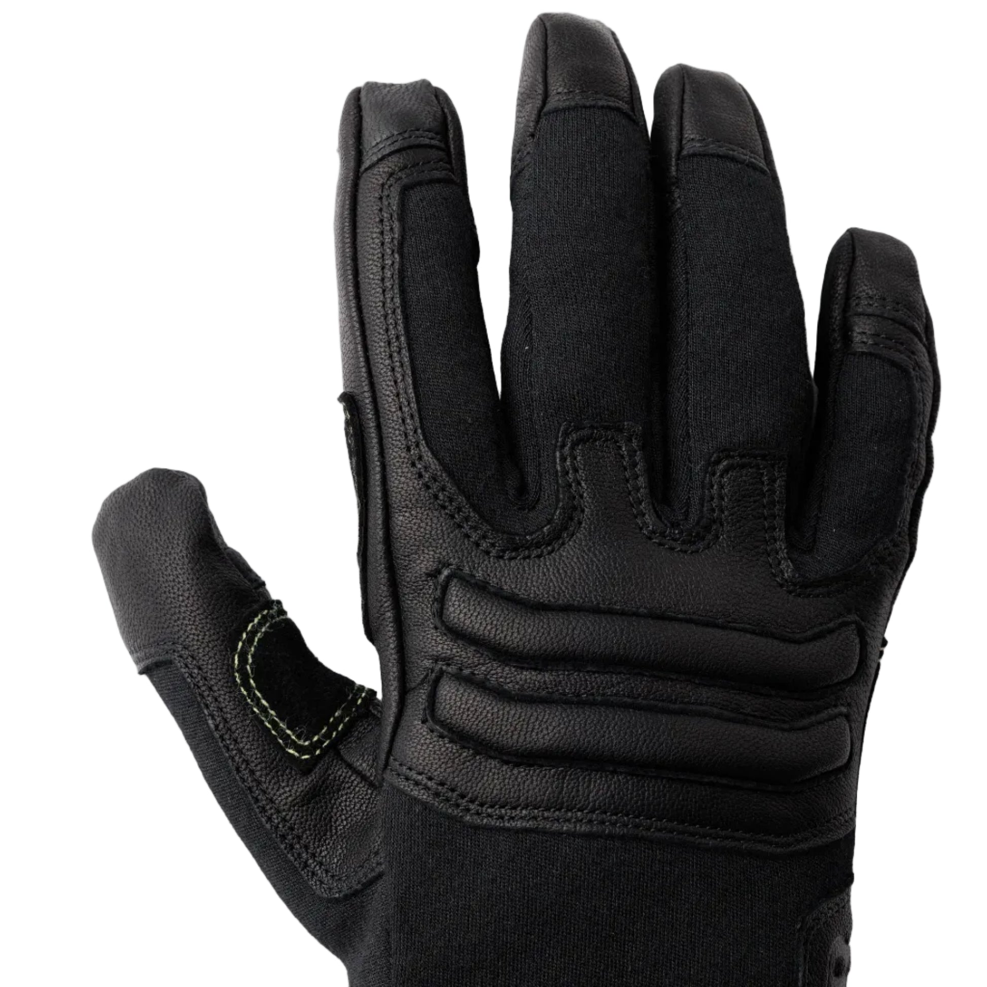 Close up of Outdoor Research Ironsight II FR Glove black back of hand showing flame resistant Nomex knit with Kevlar and carbon fiber blend, padded knuckle protection, and tactical duty glove construction for military combat gear and law enforcement operations