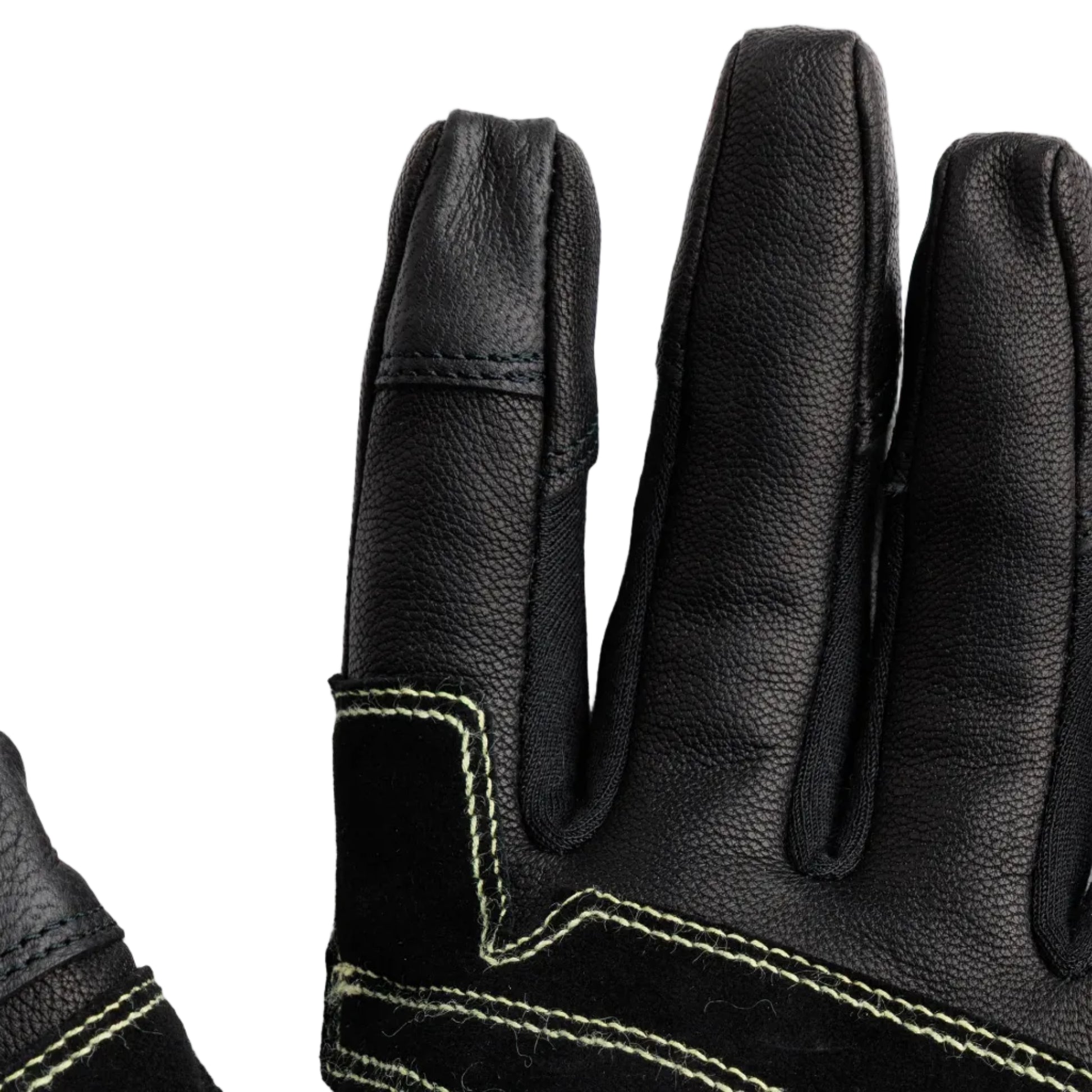 Close up of Outdoor Research Ironsight II FR Glove in Black showing Kevlar stitching, reinforced finger construction, and goat leather palm detail, flame resistant tactical duty gloves built for military combat gear, law enforcement operations, and fire resistant shooting use