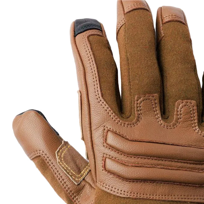 Close up of Outdoor Research Ironsight II FR Glove in Coyote showing flame resistant Nomex backhand with Kevlar reinforcement, carbon fiber blend, and padded knuckle protection for military combat gear, law enforcement duty use, and fire resistant shooting operations