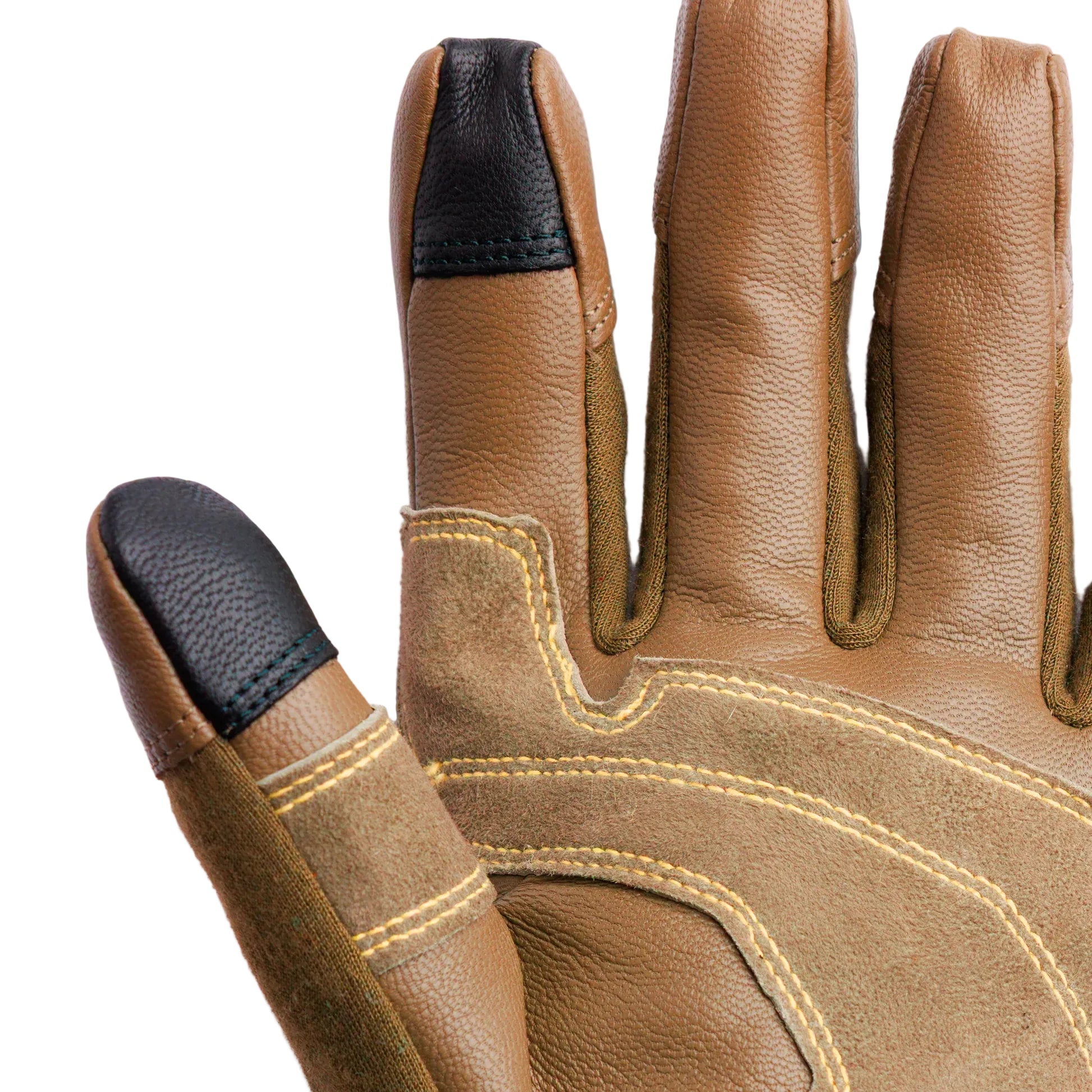 Close up of Outdoor Research Ironsight II FR Glove in Coyote showing goat leather palm, reinforced finger construction, and Kevlar stitching, flame resistant tactical duty gloves built for military combat gear, law enforcement operations, and fire resistant shooting applications