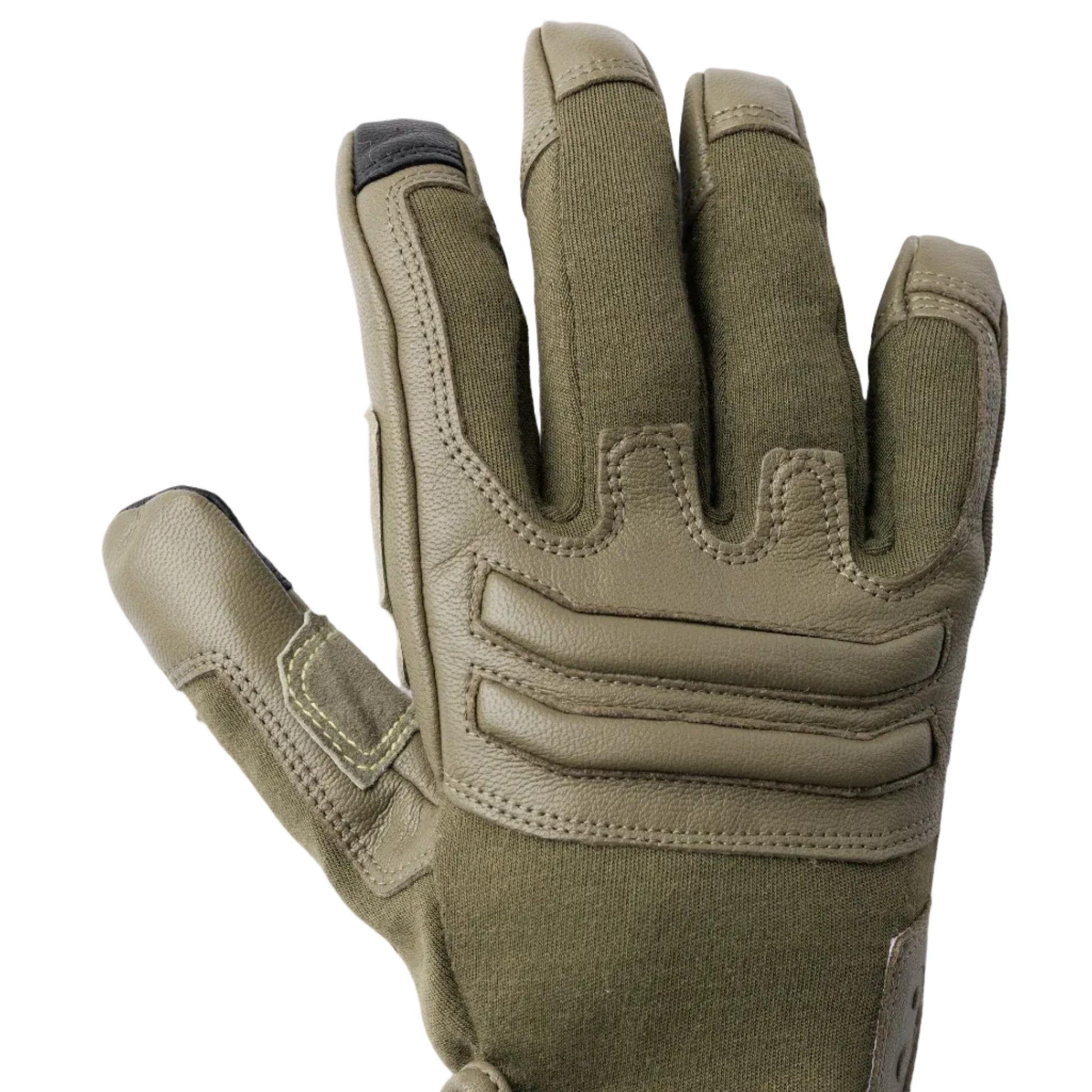 Back of Outdoor Research Ironsight II FR Glove in Ranger Green showing flame resistant Nomex knit with Kevlar reinforcement and padded knuckle protection, tactical duty gloves built for military combat gear, law enforcement operations, and fire resistant shooting applications