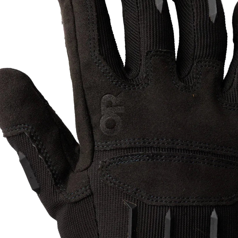 Close-up of the Outdoor Research Ironsight II Glove in Black showing the breathable polyester-spandex knit back that enhances airflow and flexibility during high-output tasks. Highlights reinforced stitching, streamlined construction, and lightweight materials ideal for users searching for breathable tactical gloves, range gloves with ventilation, or durable work gloves built for dexterity and comfort.