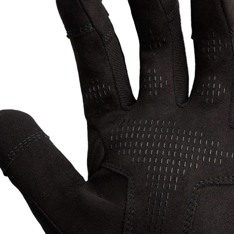 Close-up of the Outdoor Research Ironsight II Glove in Black showing the synthetic suede palm with anti-slip silicone texturing and reinforced high-wear zones. Highlights the durable contact surface designed for secure weapon handling, tool control, and all-weather grip. Ideal for users searching for tactical gloves with enhanced grip, range-ready contact gloves, or work gloves engineered for dexterity and durability.