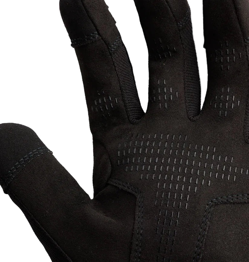 Close-up of the Outdoor Research Ironsight II Glove in Black showing the synthetic suede palm with anti-slip silicone texturing and reinforced high-wear zones. Highlights the durable contact surface designed for secure weapon handling, tool control, and all-weather grip. Ideal for users searching for tactical gloves with enhanced grip, range-ready contact gloves, or work gloves engineered for dexterity and durability.