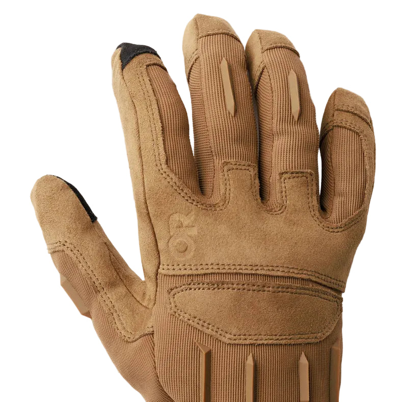 Close-up of the Outdoor Research Ironsight II Glove in Coyote showing the breathable polyester-spandex knit back designed for airflow, flexibility, and all-day comfort. Highlights reinforced stitching and lightweight construction ideal for users searching for ventilated tactical gloves, Coyote range gloves, or durable work gloves built for dexterity and real-world field use.