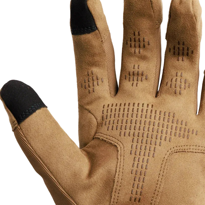 Close-up of the Outdoor Research Ironsight II Glove in Coyote showing the synthetic suede palm with anti-slip silicone texturing and reinforced impact zones. Highlights the durable, fast-drying contact surface designed for secure handling of weapons, tools, and equipment. Ideal for users searching for Coyote tactical gloves with enhanced grip, range-ready contact gloves, or durable work gloves designed for dexterity and control.