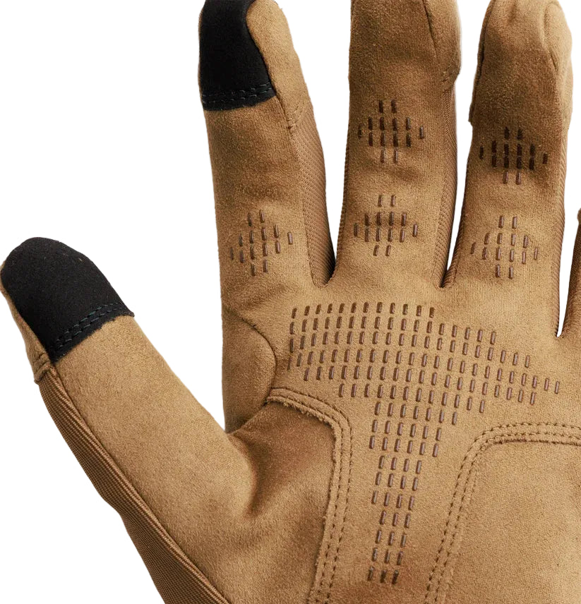 Close-up of the Outdoor Research Ironsight II Glove in Coyote showing the synthetic suede palm with anti-slip silicone texturing and reinforced impact zones. Highlights the durable, fast-drying contact surface designed for secure handling of weapons, tools, and equipment. Ideal for users searching for Coyote tactical gloves with enhanced grip, range-ready contact gloves, or durable work gloves designed for dexterity and control.