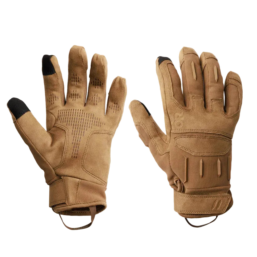 Product shot of the Outdoor Research Ironsight II Glove in Coyote, featuring a breathable knit back, durable synthetic suede palm, anti-slip silicone grip pattern, and reinforced high-wear zones. Highlights the adjustable cuff, pull-on loop, and touchscreen-compatible fingertips. Ideal for users searching for Coyote tactical gloves, lightweight range gloves, or EDC work gloves built for dexterity and daily-use durability.