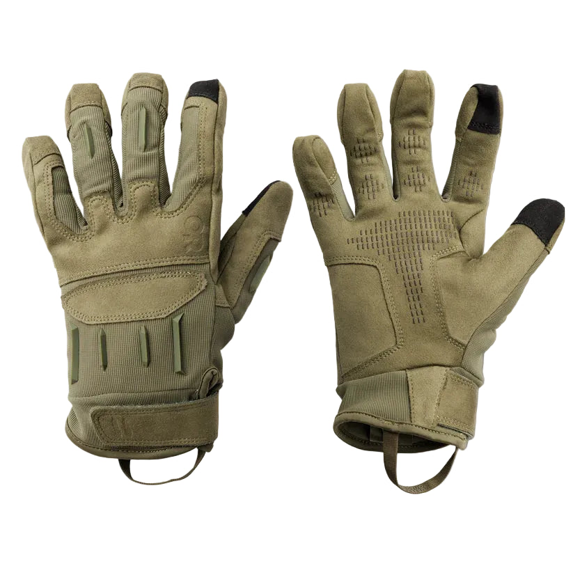 Product shot of the Outdoor Research Ironsight II Glove in Ranger Green, showing the breathable knit back, synthetic suede palm with anti-slip silicone texture, and reinforced high-wear zones. Highlights the adjustable cuff, pull-on loop, and touchscreen-compatible fingertips. Ideal for users searching for Ranger Green tactical gloves, lightweight range gloves, or durable EDC work gloves built for dexterity, control, and everyday performance.