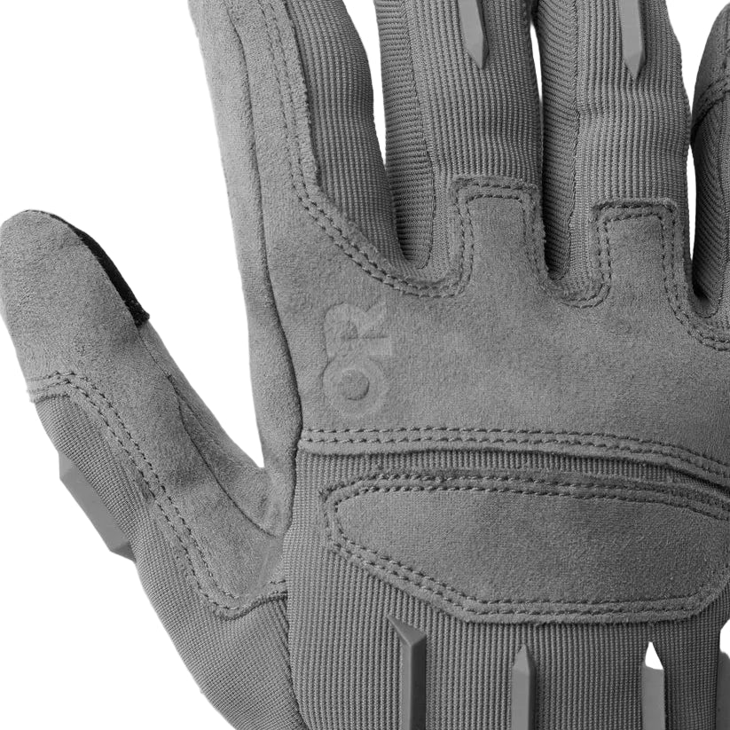 Back of hand detail on the Wolf Grey Outdoor Research Ironsight II Glove, showing the breathable knit construction, reinforced high-wear zones, and low-profile tactical design built for dexterity and everyday operational use. Optimized for searches for wolf grey tactical gloves, breathable shooting gloves, and durable EDC glove materials.