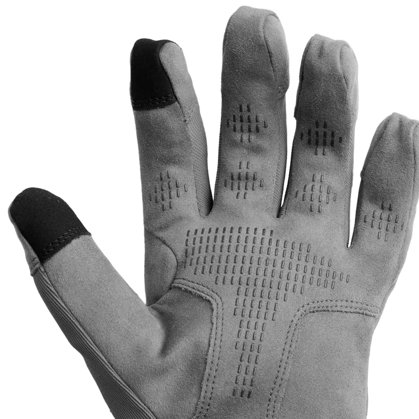 Close up of the Outdoor Research Ironsight II Glove palm in Wolf Grey, highlighting the synthetic suede contact surface, anti-slip silicone print, and reinforced high-wear zones for tactical grip and weapon control. Optimized for searches related to wolf grey shooting gloves, range gloves with grip, and durable tactical glove construction.