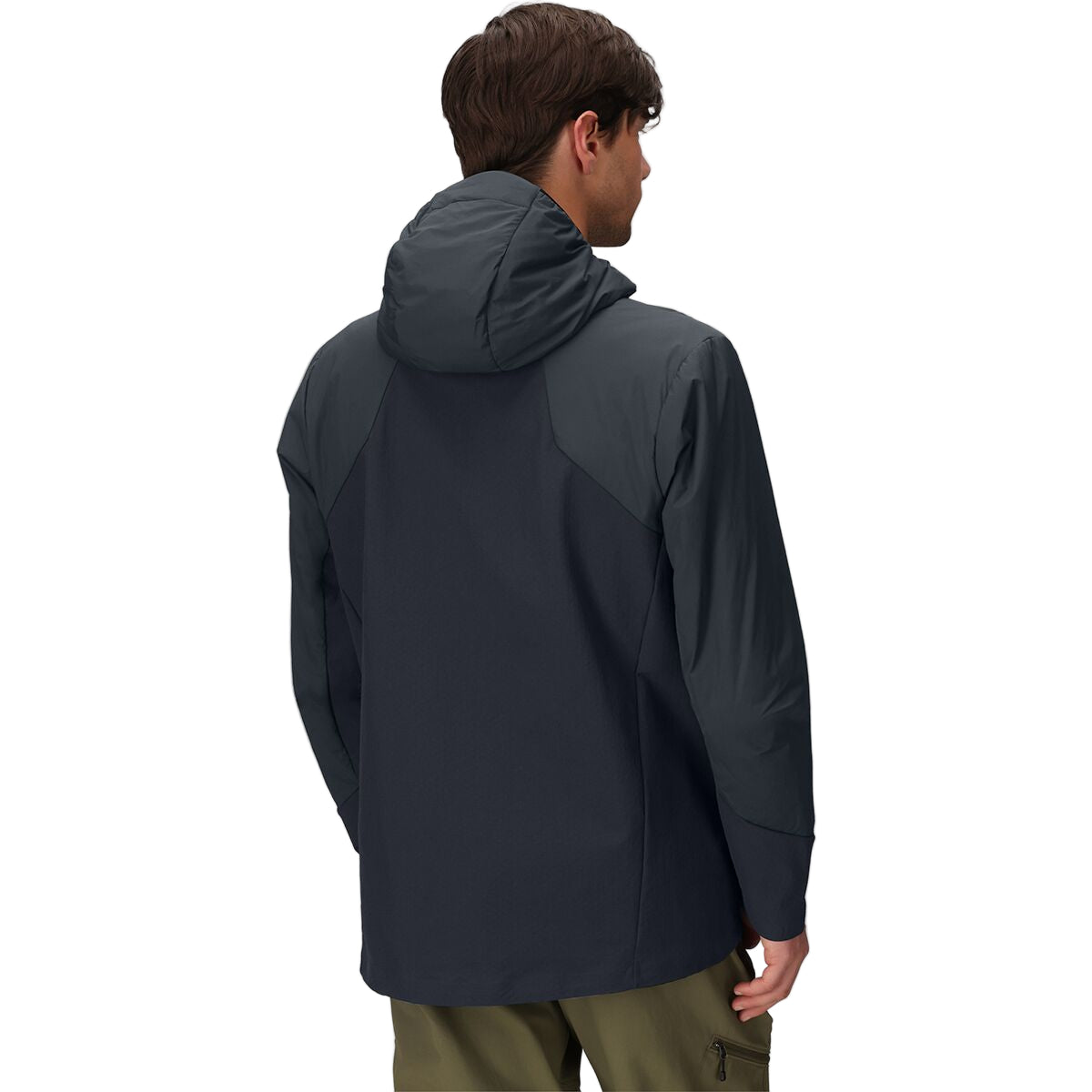 Back view of the Outdoor Research Shadow Hybrid Hoodie in black, highlighting breathable uninsulated panels, articulated athletic fit, and mobility-focused construction designed for alpine climbs, rucking, and military cold-weather missions.