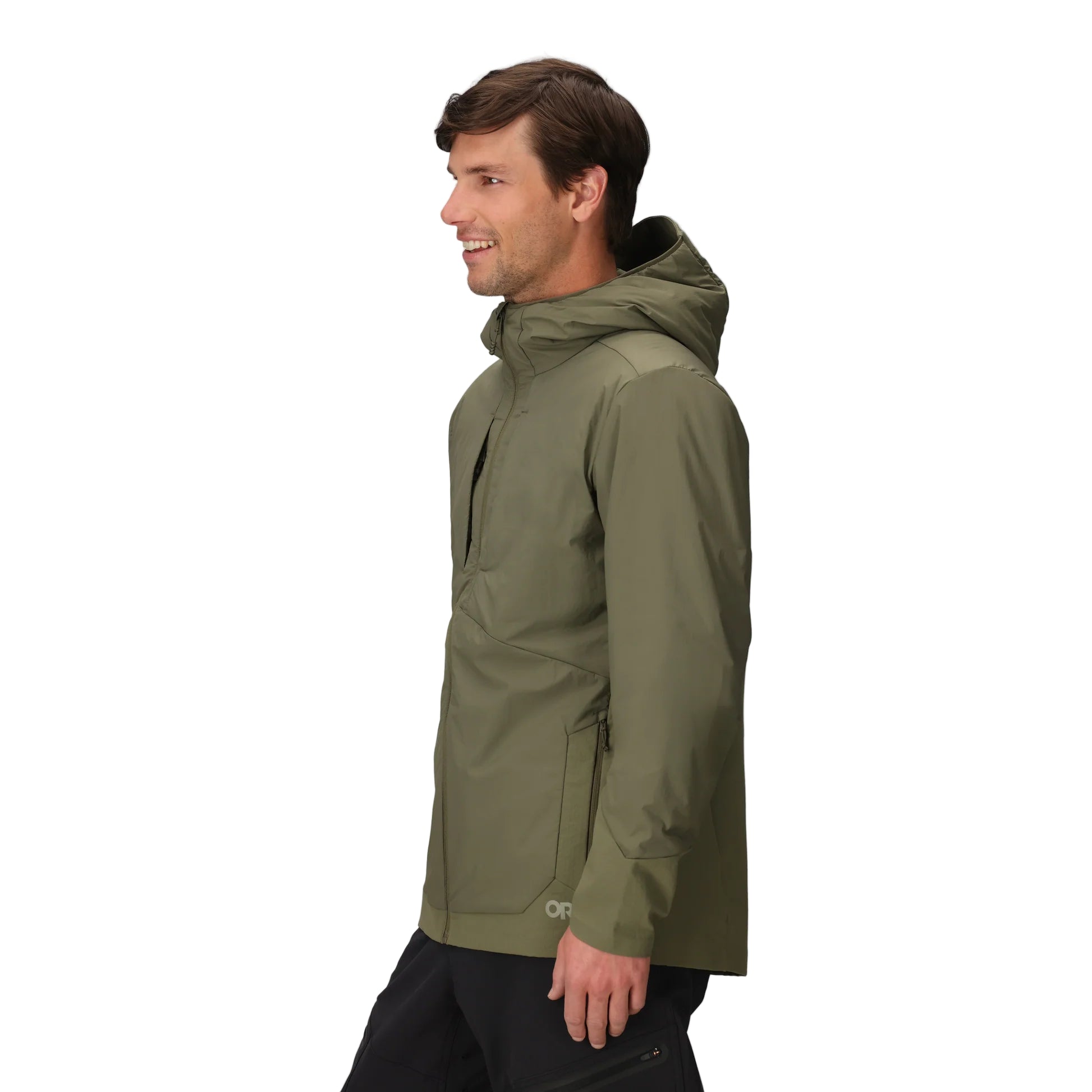 Three-quarter side view of the Outdoor Research Shadow Hybrid Hoodie in Ranger Green, showing hybrid insulation mapped to the chest with breathable side panels, built for military range days, alpine climbing, and high-output cold-weather pursuits.