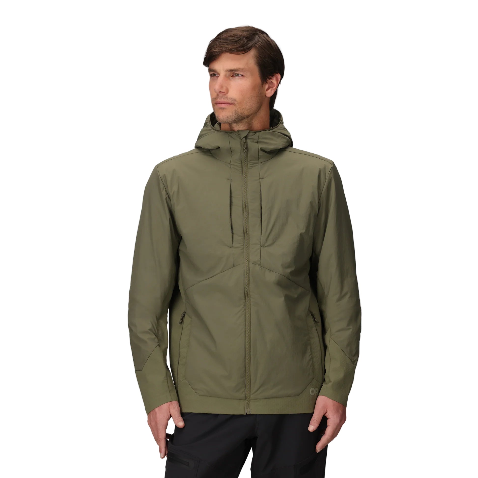 Front view of the Outdoor Research Shadow Hybrid Hoodie in Ranger Green, shown on a model with insulated chest, zippered storage pockets, and hood coverage, built for stop-and-go alpine missions and tactical cold-weather performance.