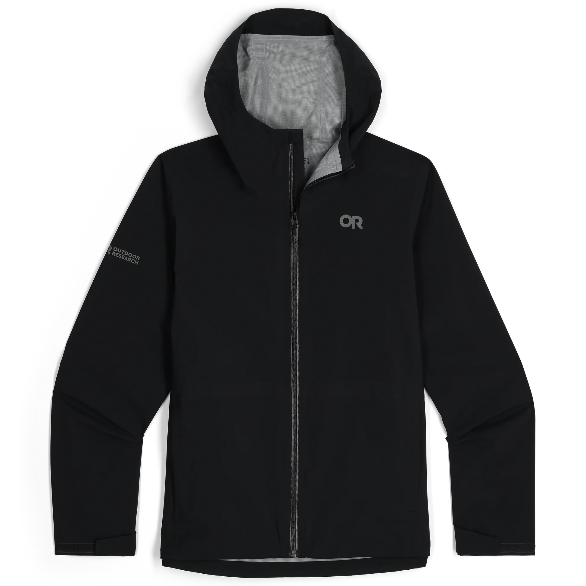 Front view of the black Outdoor Research Stratoburst Stretch Rain Jacket showing lightweight waterproof tactical shell with mechanical stretch and eco-friendly build