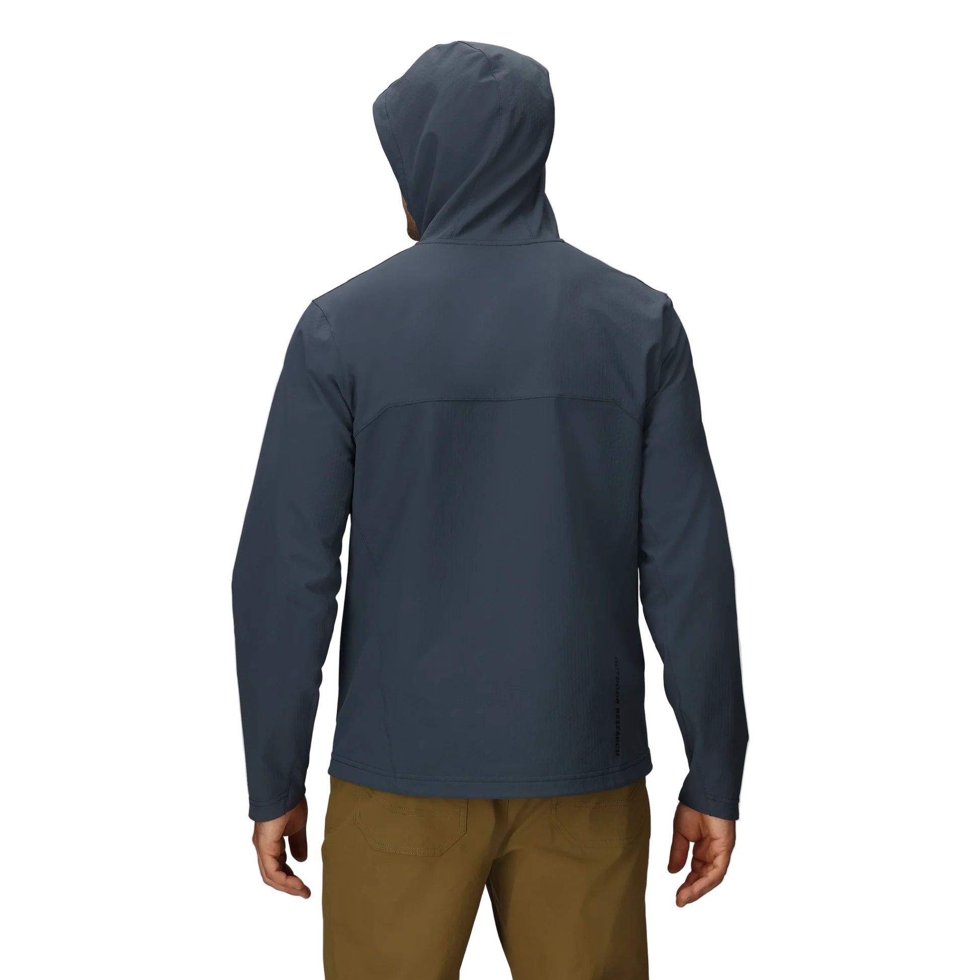 Back view of the Outdoor Research Ultima Soft Shell Hoodie in Atlantic deep navy, highlighting ergonomic fit, gusseted cuffs, and durable stretch construction for alpine mobility and weather resistance.