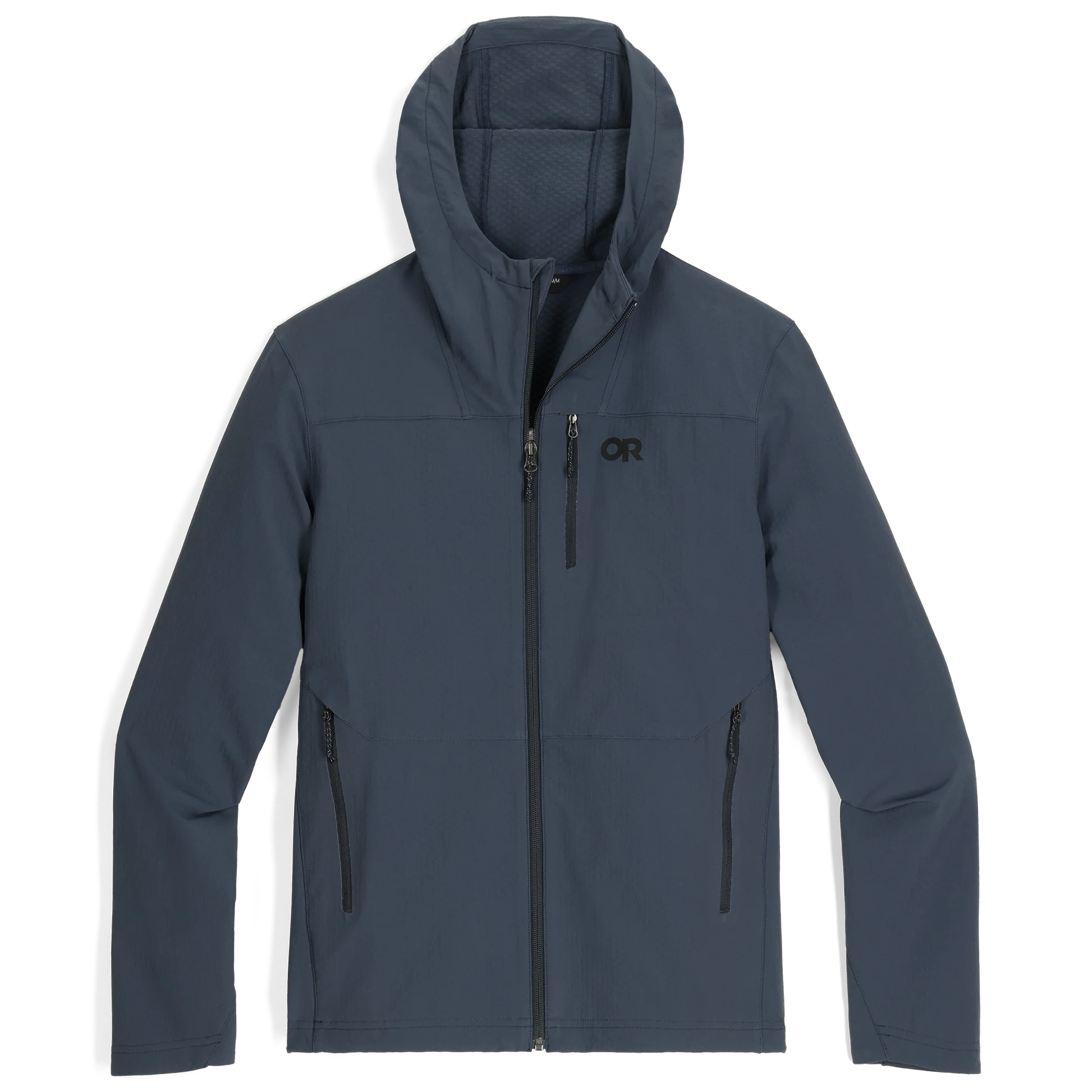 Product shot of the Outdoor Research Ultima Soft Shell Hoodie in Atlantic deep navy, built from recycled nylon with breathable stretch and weather resistance for all-season alpine protection.