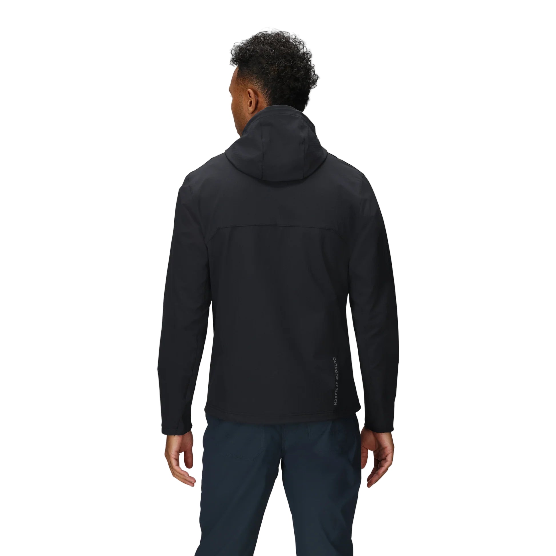 Back view of the Outdoor Research Ultima Soft Shell Hoodie in black, highlighting streamlined fit, articulated sleeves, and gusseted cuffs for unrestricted alpine mobility.