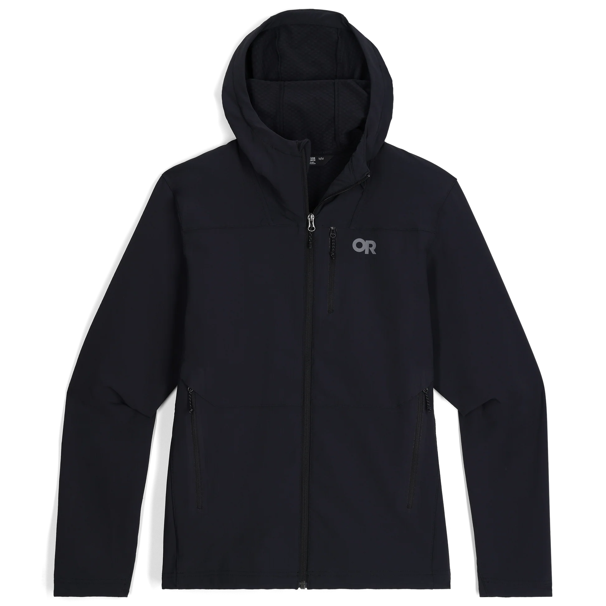 Product shot of the Outdoor Research Ultima Soft Shell Hoodie in black, built with recycled nylon softshell fabric, weather resistance, and movement-mirroring stretch for year-round alpine performance.
