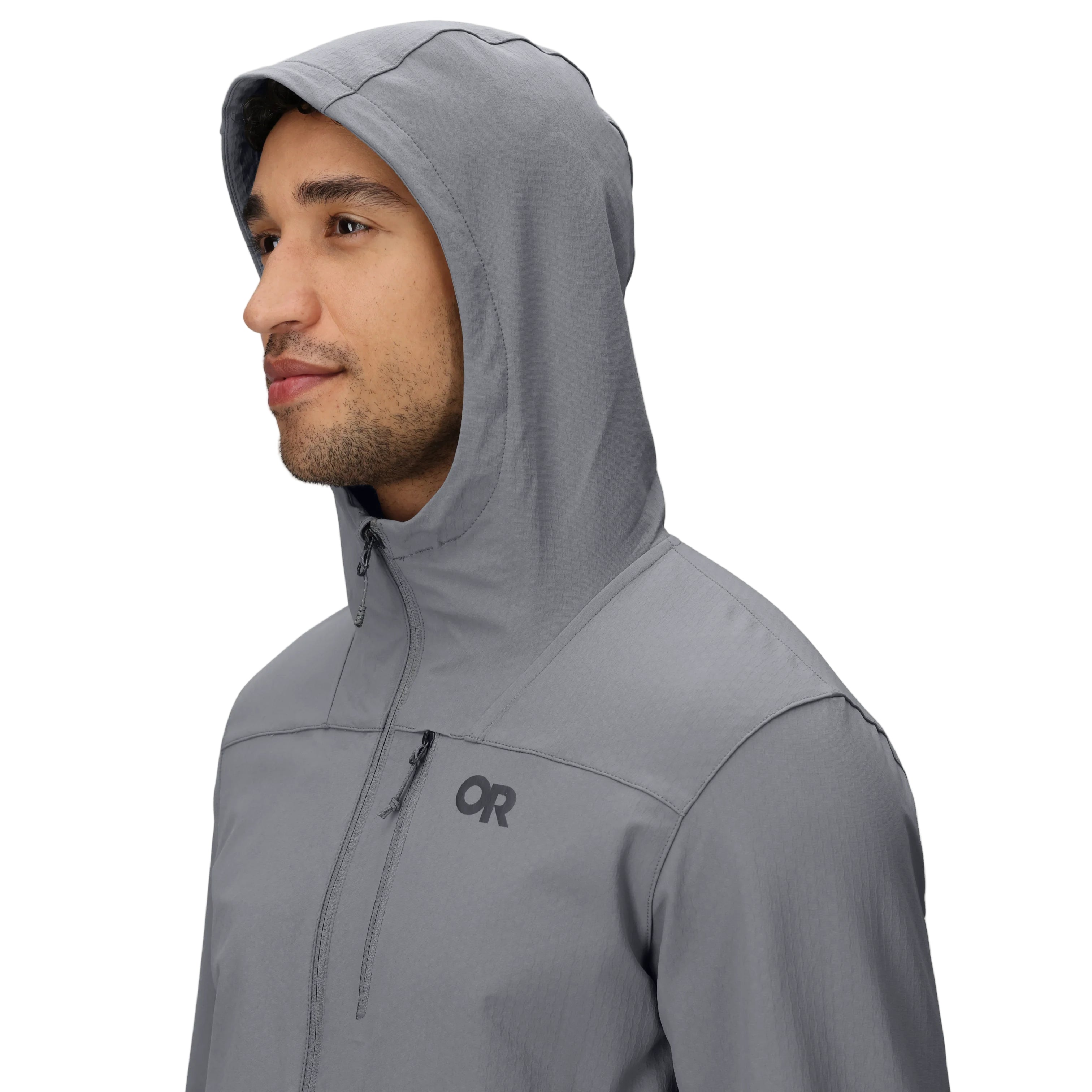 Detail view of the Outdoor Research Ultima Soft Shell Hoodie with hood up, showing 3-panel design for full coverage, articulated fit, and weather-resistant construction for alpine and trail protection.