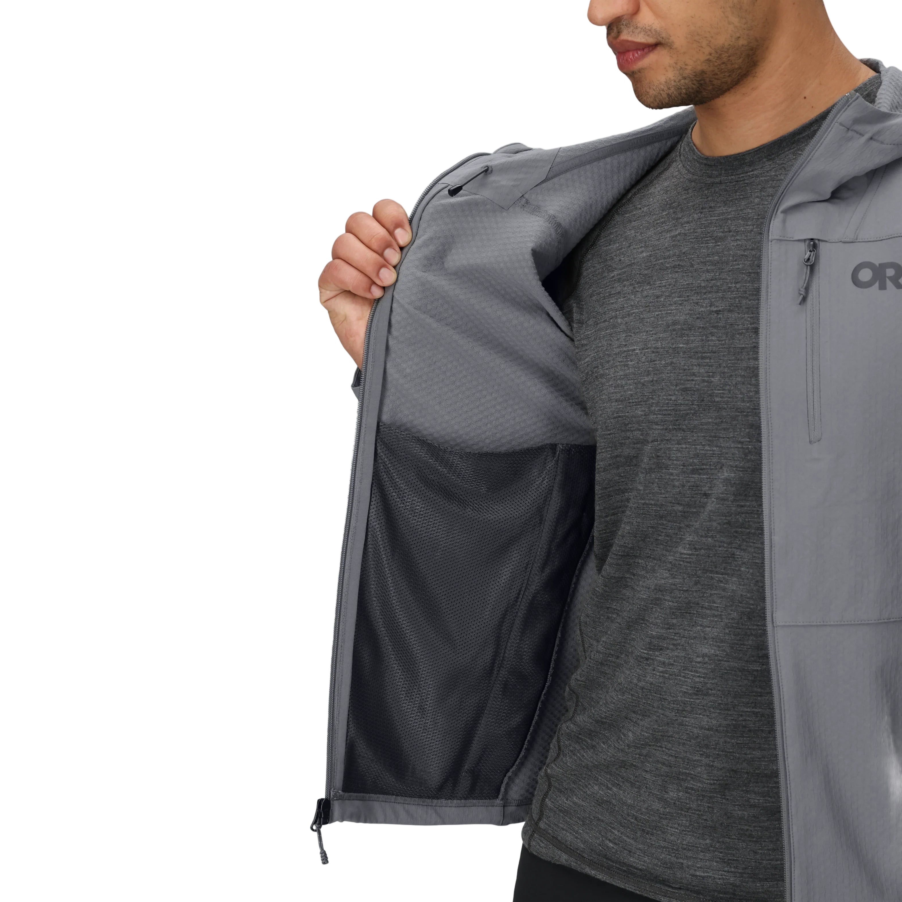 Interior view of the Outdoor Research Ultima Soft Shell Hoodie, highlighting the soft brushed lining designed for comfort, warmth, and breathability during alpine and all-season trail use