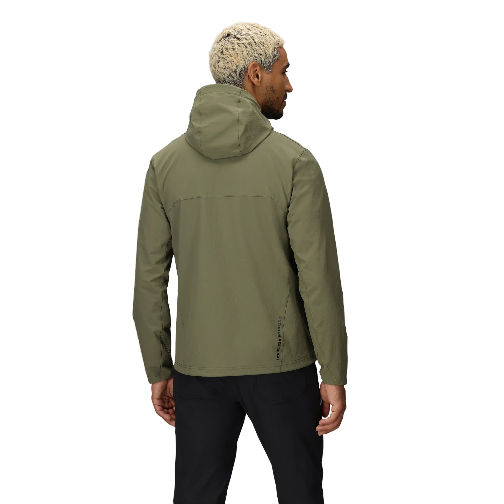 Back view of the Outdoor Research Ultima Soft Shell Hoodie in Ranger Green, highlighting streamlined fit, gusseted cuffs, and durable stretch fabric for mountain-ready mobility.