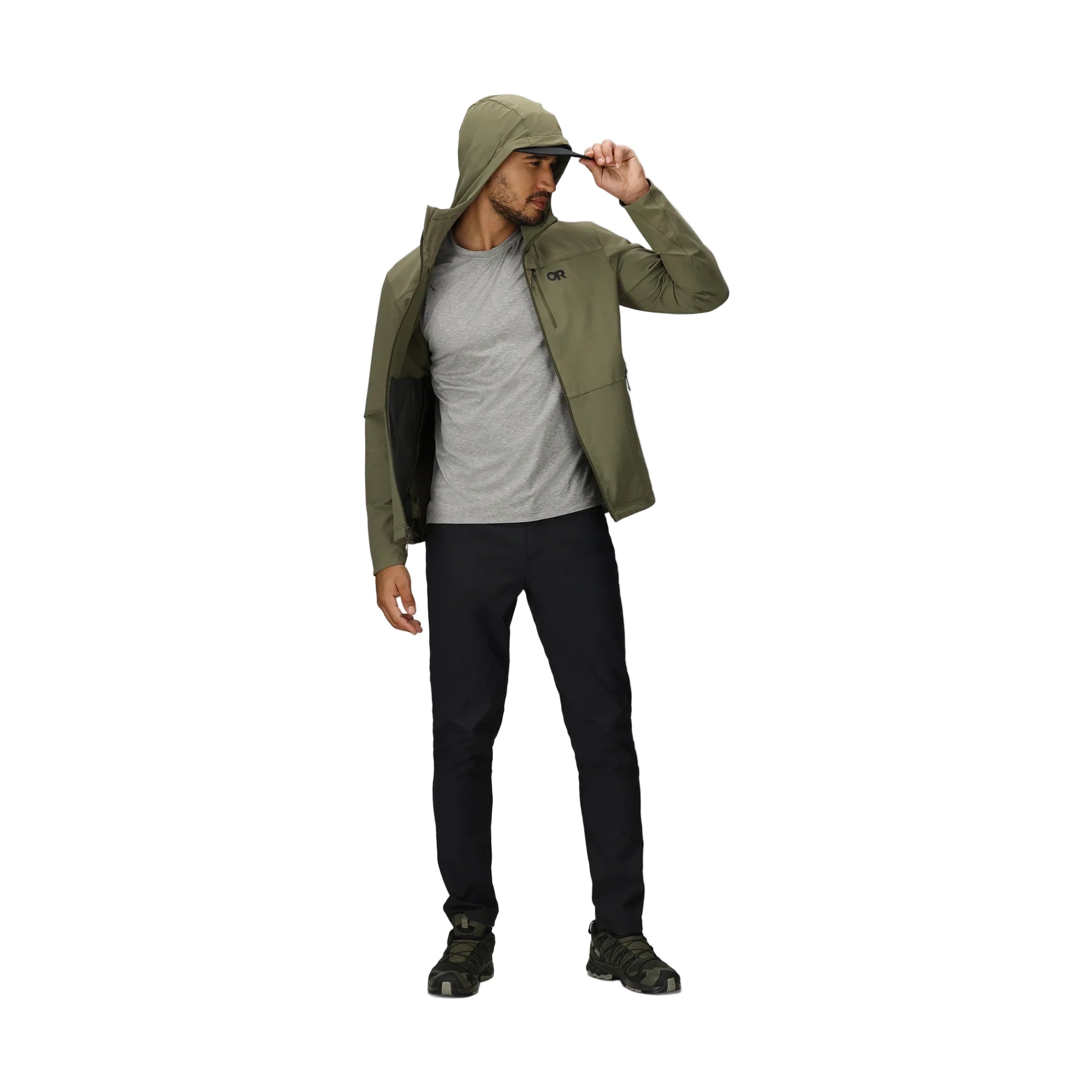 Full body view of the Outdoor Research Ultima Soft Shell Hoodie in Ranger Green, shown on a model with articulated fit, all-season stretch construction, and weather-resistant design for mountain and trail use.