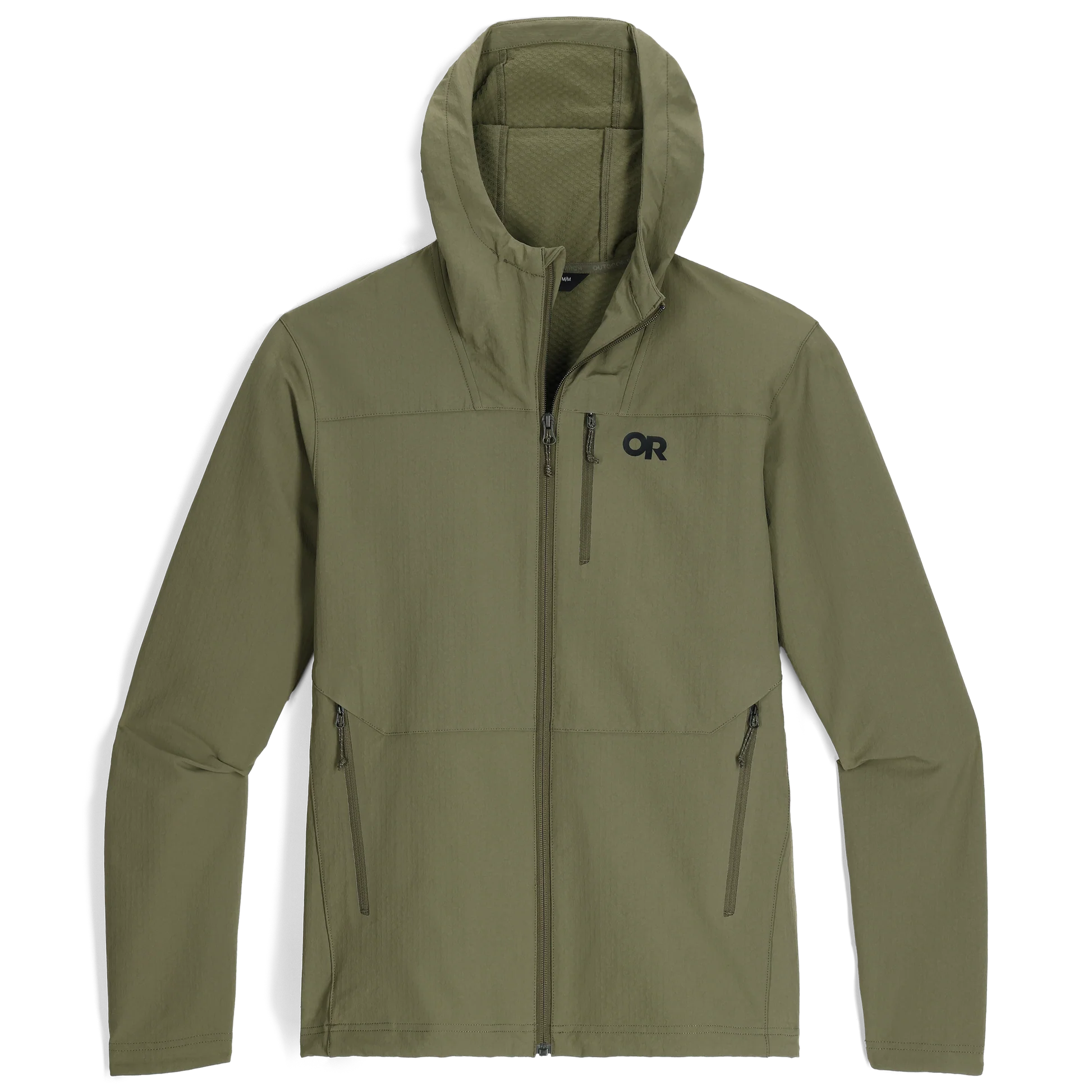 Product shot of the Outdoor Research Ultima Soft Shell Hoodie in Ranger Green, built from recycled nylon with stretch, weather resistance, and breathable performance for all-season alpine use.