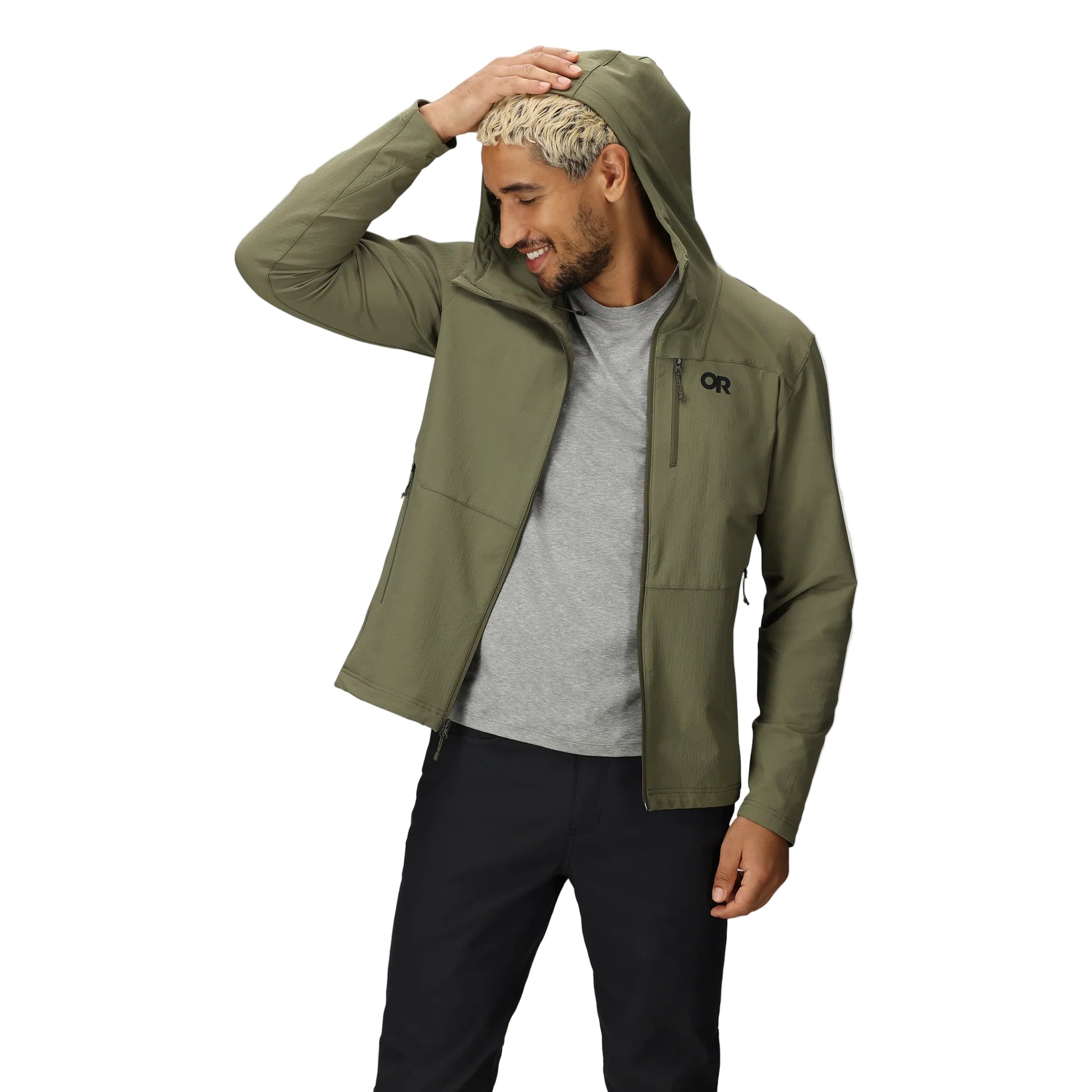 Outdoor Research Ultima Soft Shell Hoodie in Ranger Green shown unzipped on a model, highlighting soft brushed interior, breathable design, and versatile layering for trail and alpine conditions.