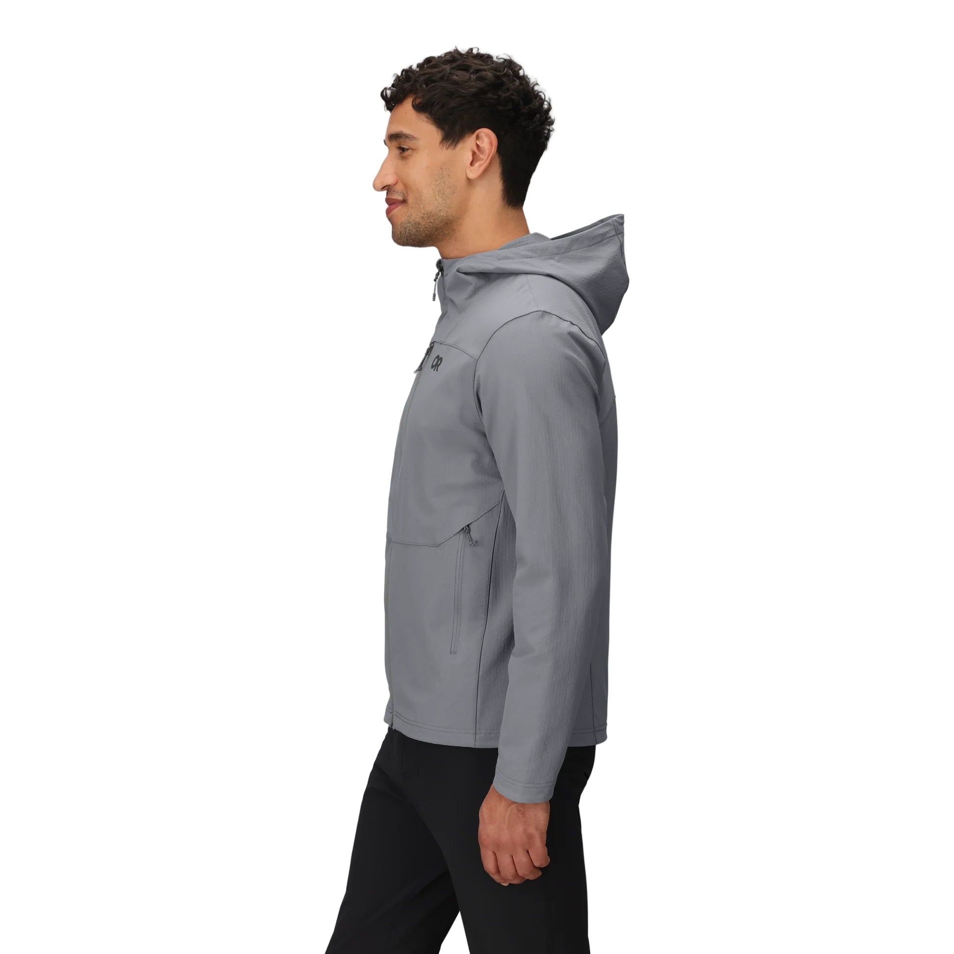 Three-quarter side view of the Outdoor Research Ultima Soft Shell Hoodie in Wolf Grey, showing streamlined fit, articulated sleeves, and weather-resistant build for alpine and trail layering.