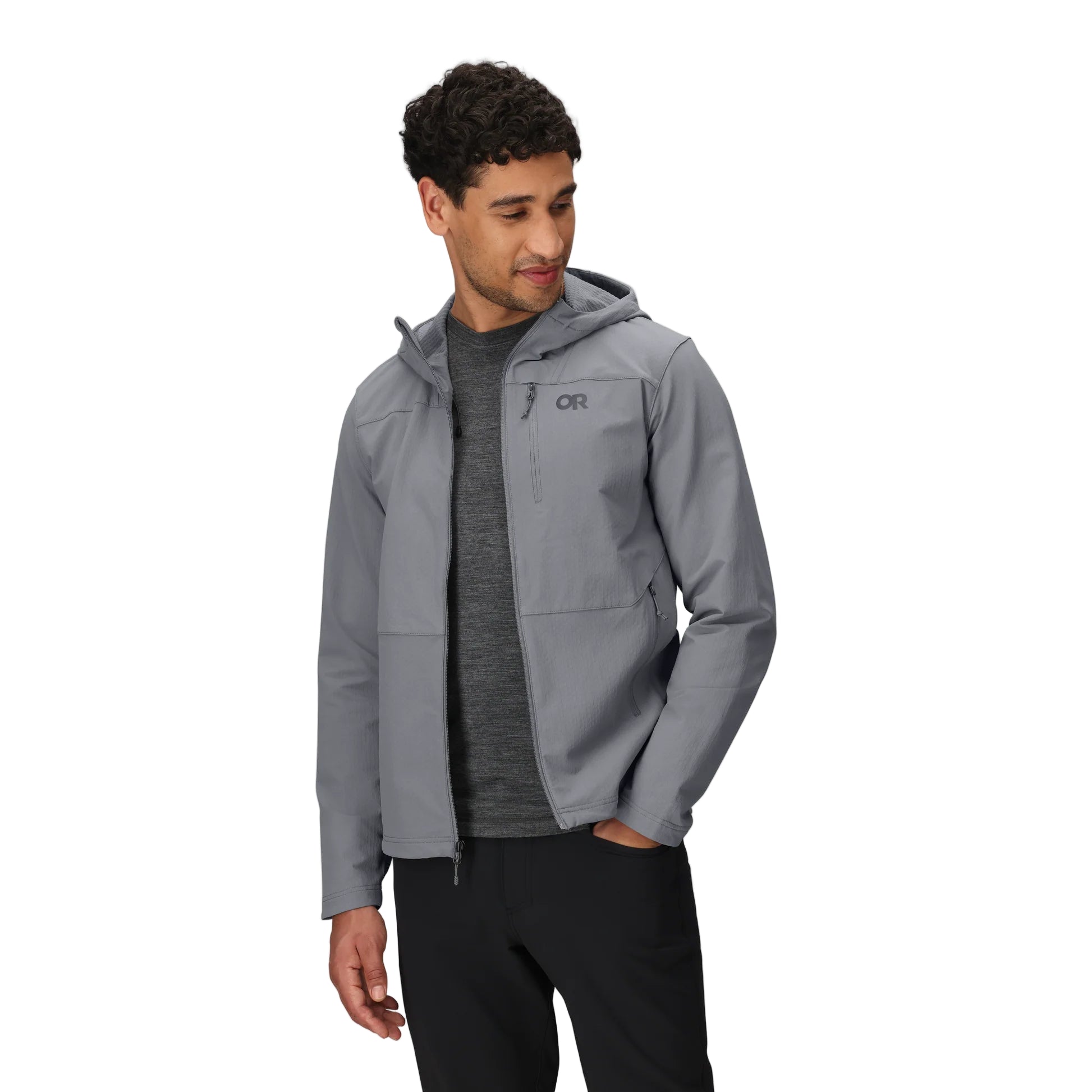 Outdoor Research Ultima Soft Shell Hoodie in Wolf Grey shown unzipped on a model, highlighting brushed interior, breathable comfort, and versatile all-season alpine design.