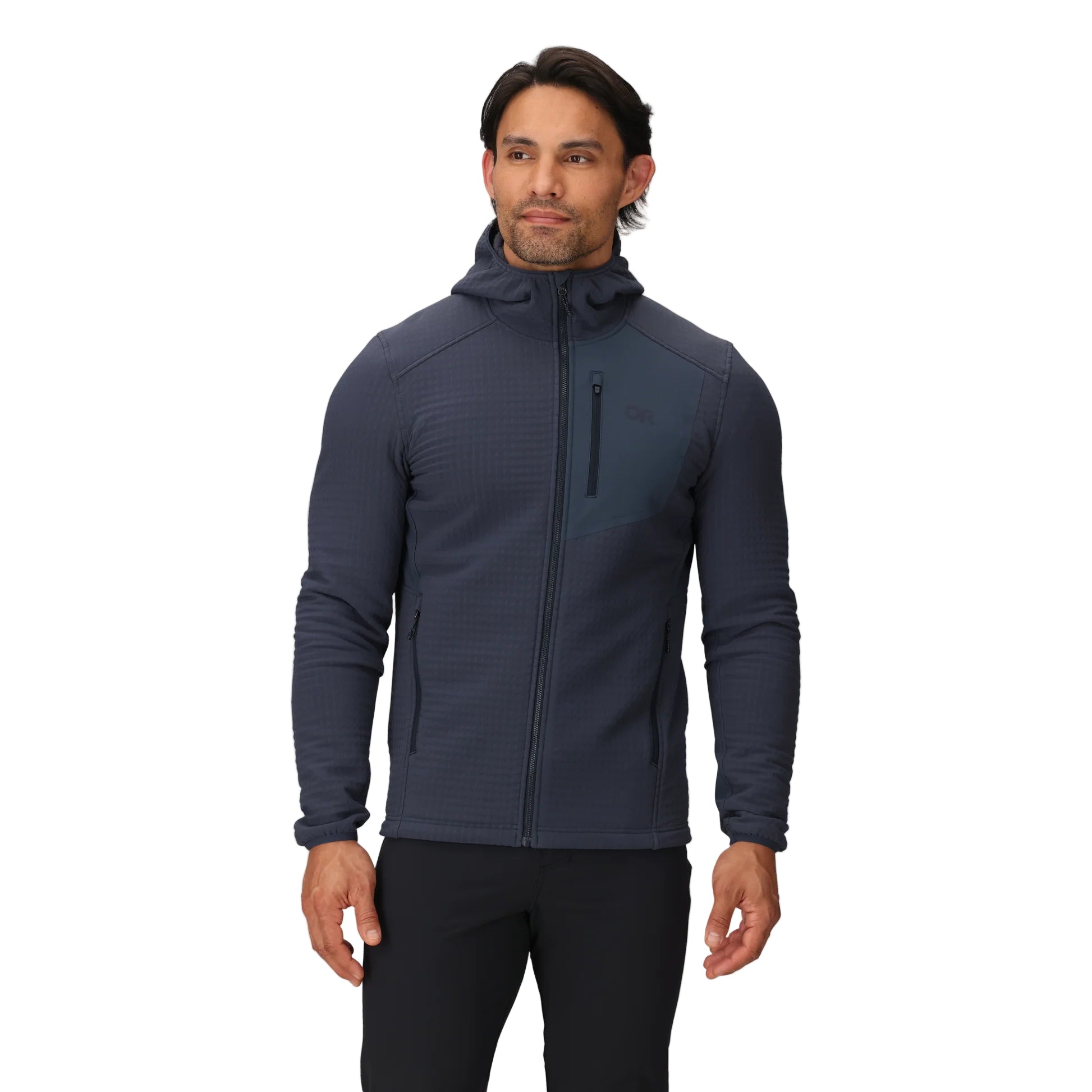Front view of the Outdoor Research Vigor Plus Fleece Hoodie in Atlantic deep blue shown on a model, highlighting athletic fit, full-zip design, grid fleece warmth, and Low-Pro™ hood built for active cold-weather layering.