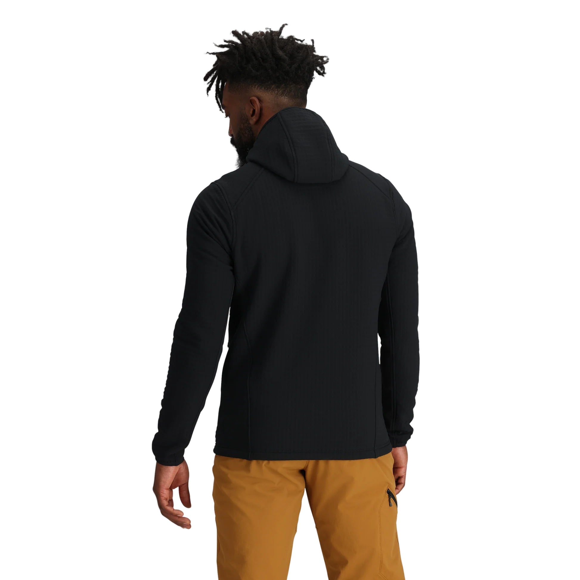 Back view of the Outdoor Research Vigor Plus Fleece Hoodie in black shown on a model, highlighting streamlined fit, stretch construction, and hood coverage designed for mobility and cold-weather performance
