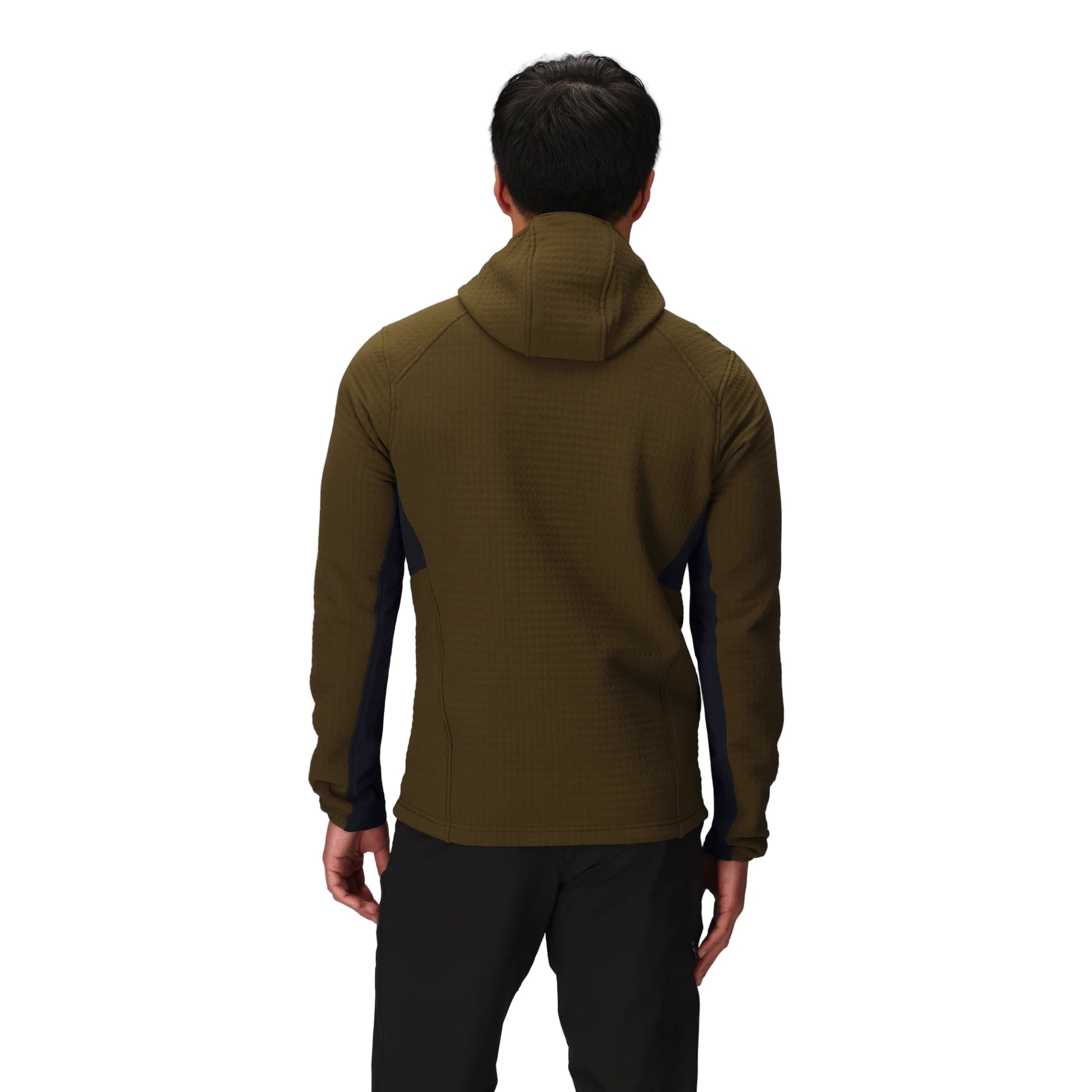 Back view of the Outdoor Research Vigor Plus Fleece Hoodie in dark olive and black, shown on a model with streamlined fit, stretch fabric panels, and hood coverage designed for mobility and cold-weather performance.